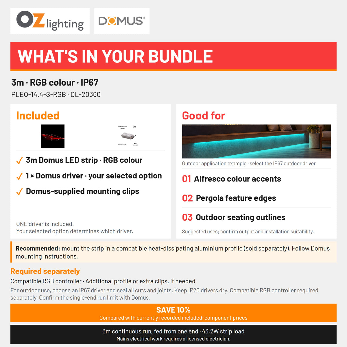 Domus PLEO 3 Metre 14.4W/m RGB Outdoor Strip and Driver Bundle-Domus Lighting-Ozlighting.com.au