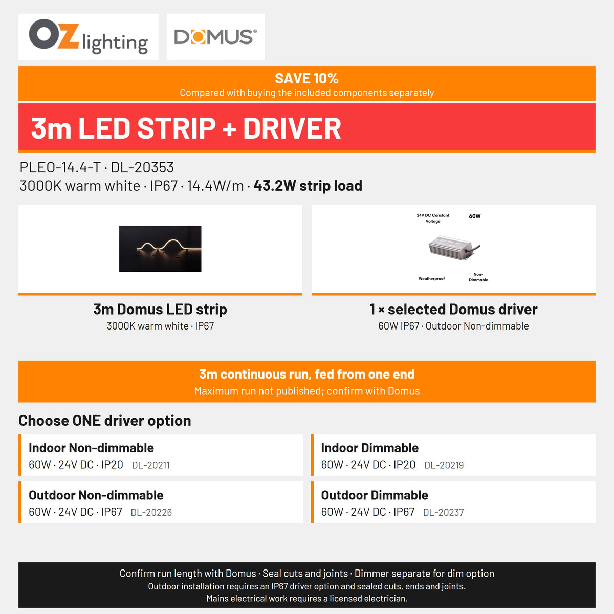 Domus PLEO-14.4-T LED Strip & Driver Bundle - 3000K, IP67, 3m-Domus Lighting-Ozlighting.com.au