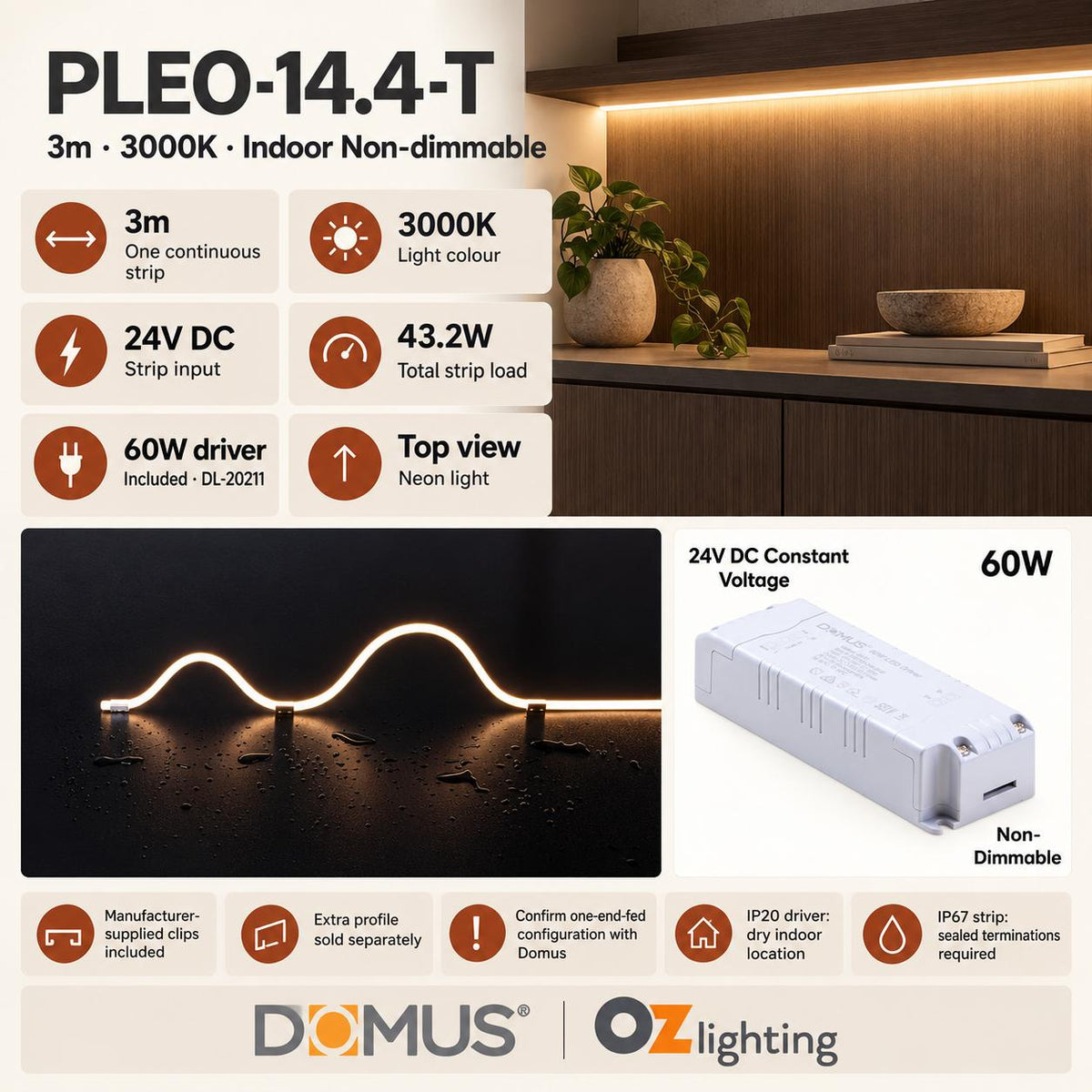 Domus PLEO 3 Metre 14.4W/m Warm White Outdoor Strip and Driver Bundle-Domus Lighting-Ozlighting.com.au