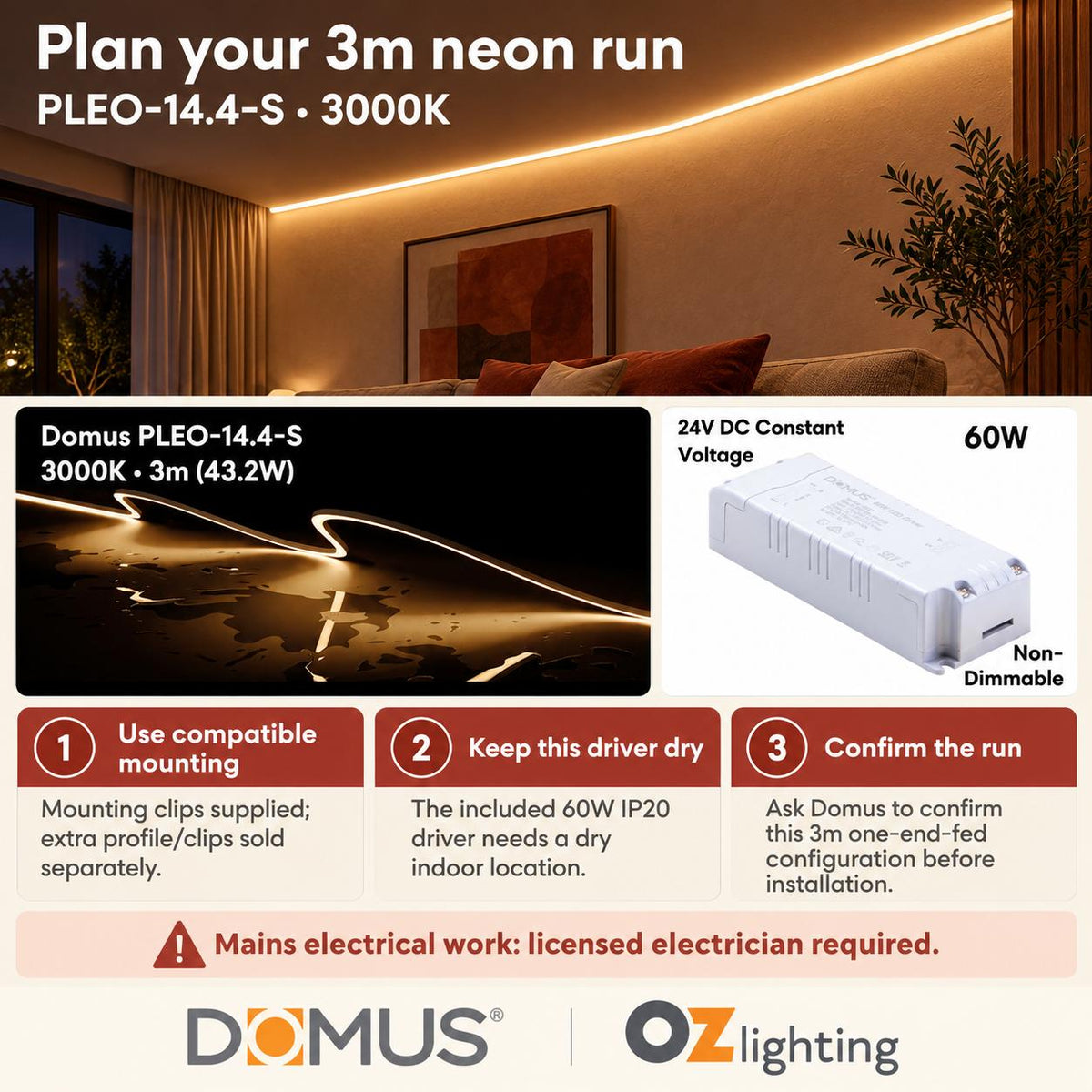 Domus PLEO 3 Metre 14.4W/m Warm White Outdoor Strip and Driver Bundle-Domus Lighting-Ozlighting.com.au