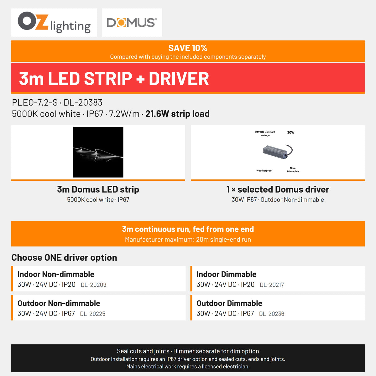 Domus PLEO 3 Metre 7.2W/m Cool White Outdoor Strip and Driver Bundle-Domus Lighting-Ozlighting.com.au