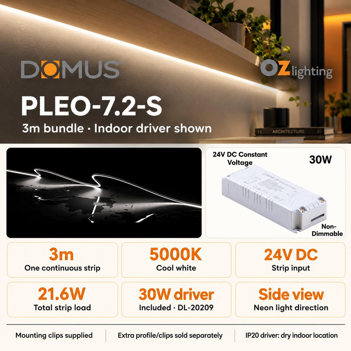 Domus PLEO 3 Metre 7.2W/m Cool White Outdoor Strip and Driver Bundle-Domus Lighting-Ozlighting.com.au