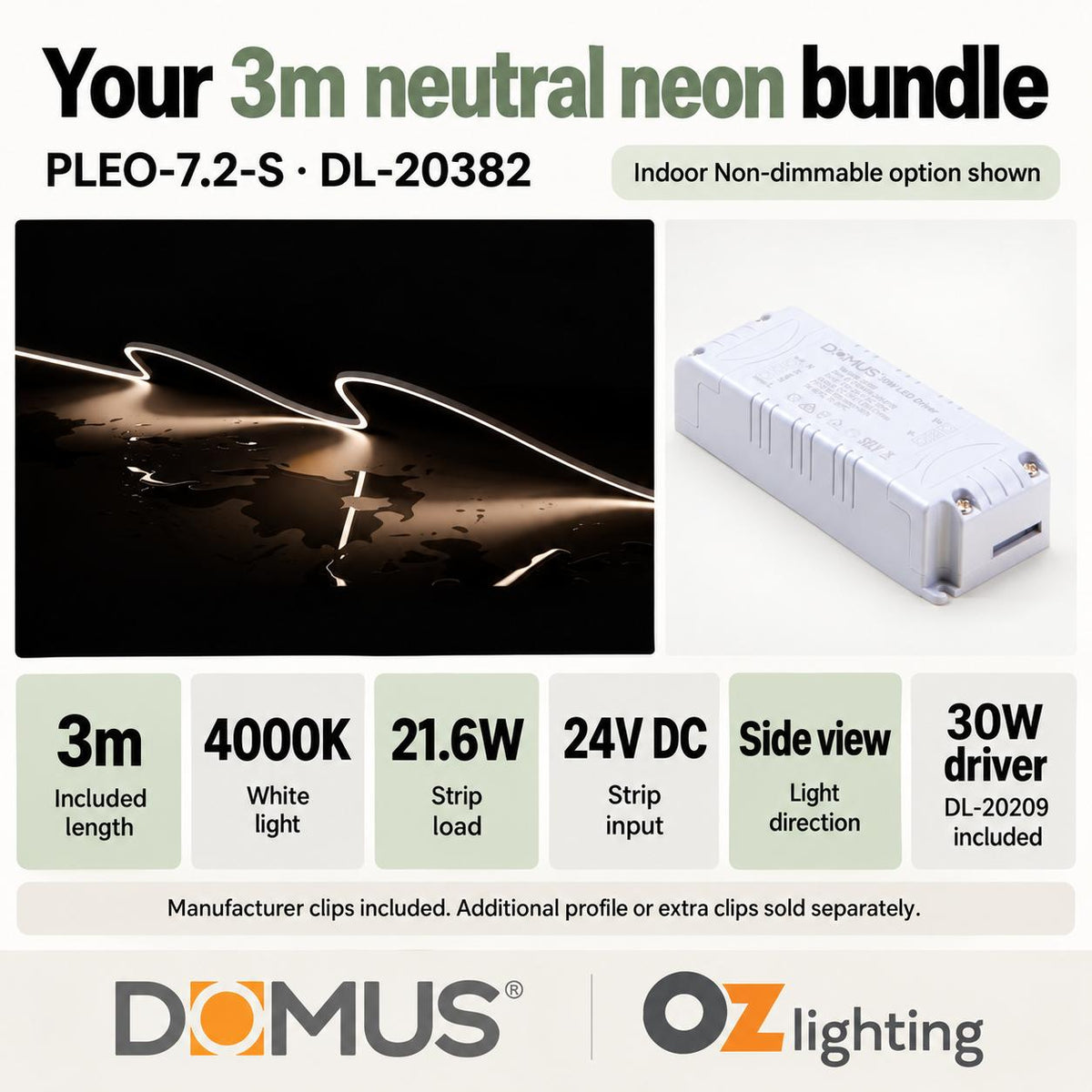 Domus PLEO 3 Metre 7.2W/m Neutral White Outdoor Strip and Driver Bundle-Domus Lighting-Ozlighting.com.au