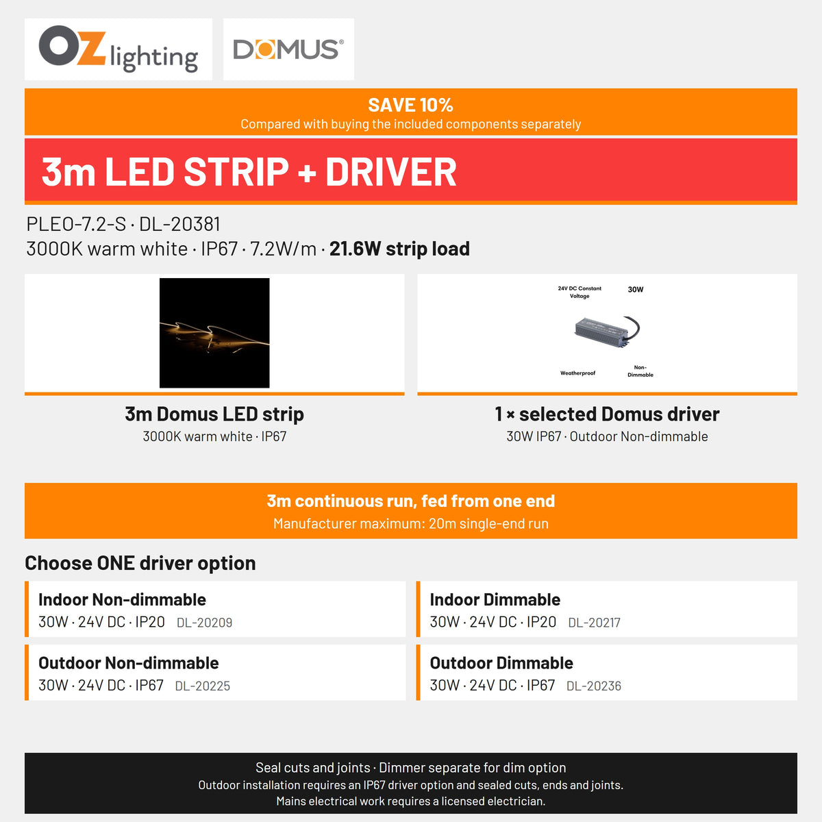Domus PLEO 3 Metre 7.2W/m Warm White Outdoor Strip and Driver Bundle-Domus Lighting-Ozlighting.com.au