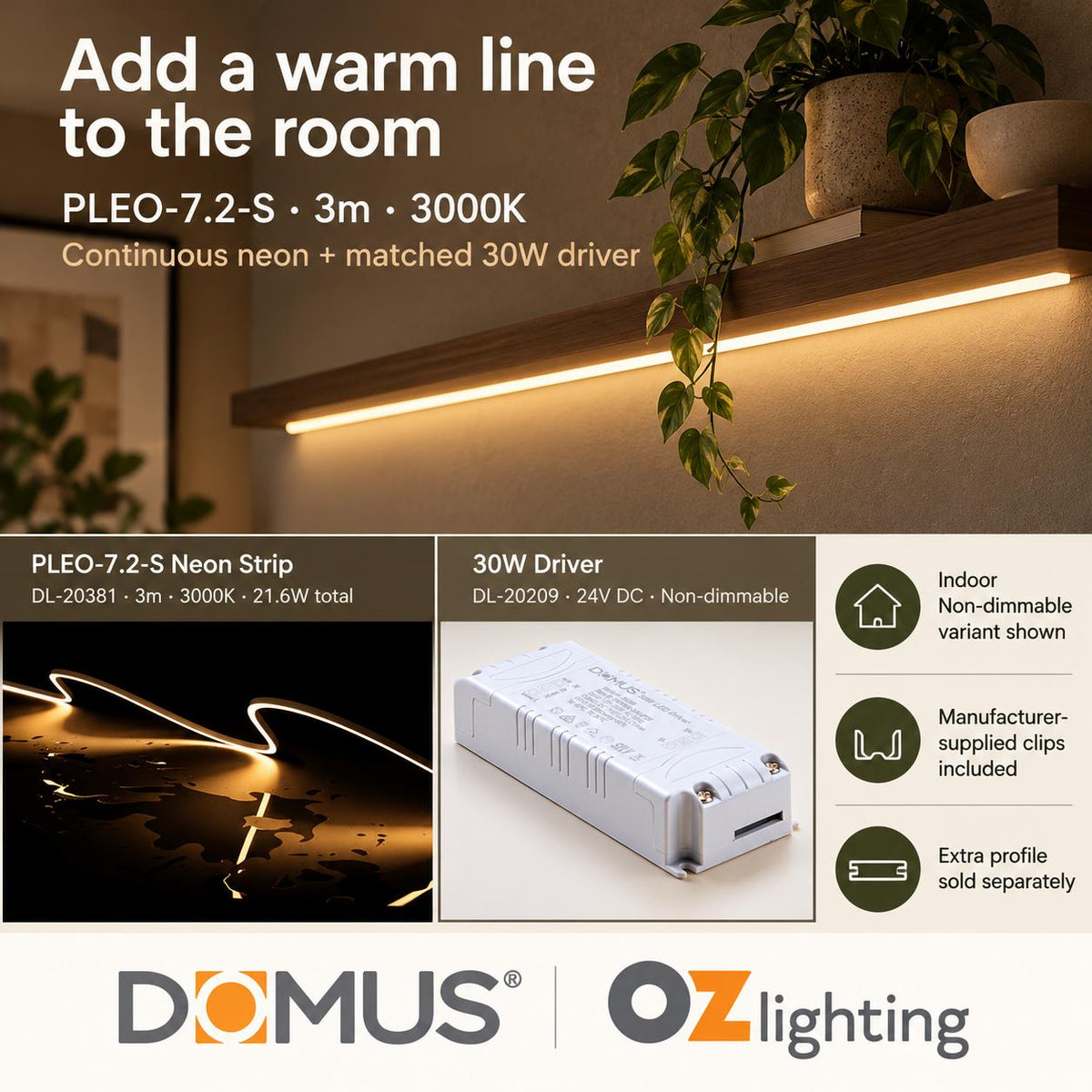Domus PLEO 3 Metre 7.2W/m Warm White Outdoor Strip and Driver Bundle-Domus Lighting-Ozlighting.com.au