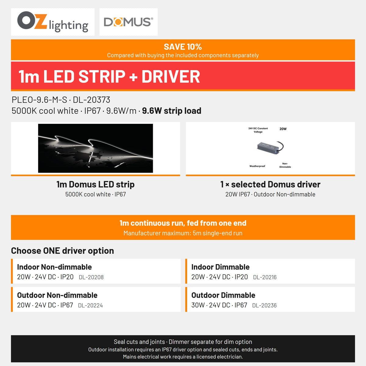 Domus PLEO-9.6-M-S LED Strip & Driver Bundle - 5000K, IP67, 1m-Domus Lighting-Ozlighting.com.au