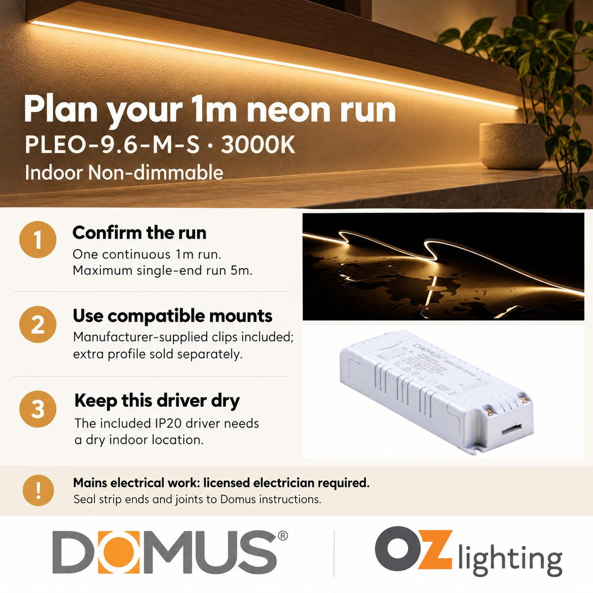 Domus PLEO Micro 1 Metre 9.6W/m Warm White Outdoor Strip and Driver Bundle-Domus Lighting-Ozlighting.com.au
