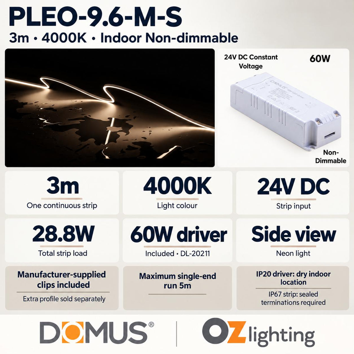 Domus PLEO Micro 3 Metre 9.6W/m Neutral White Outdoor Strip and Driver Bundle-Domus Lighting-Ozlighting.com.au