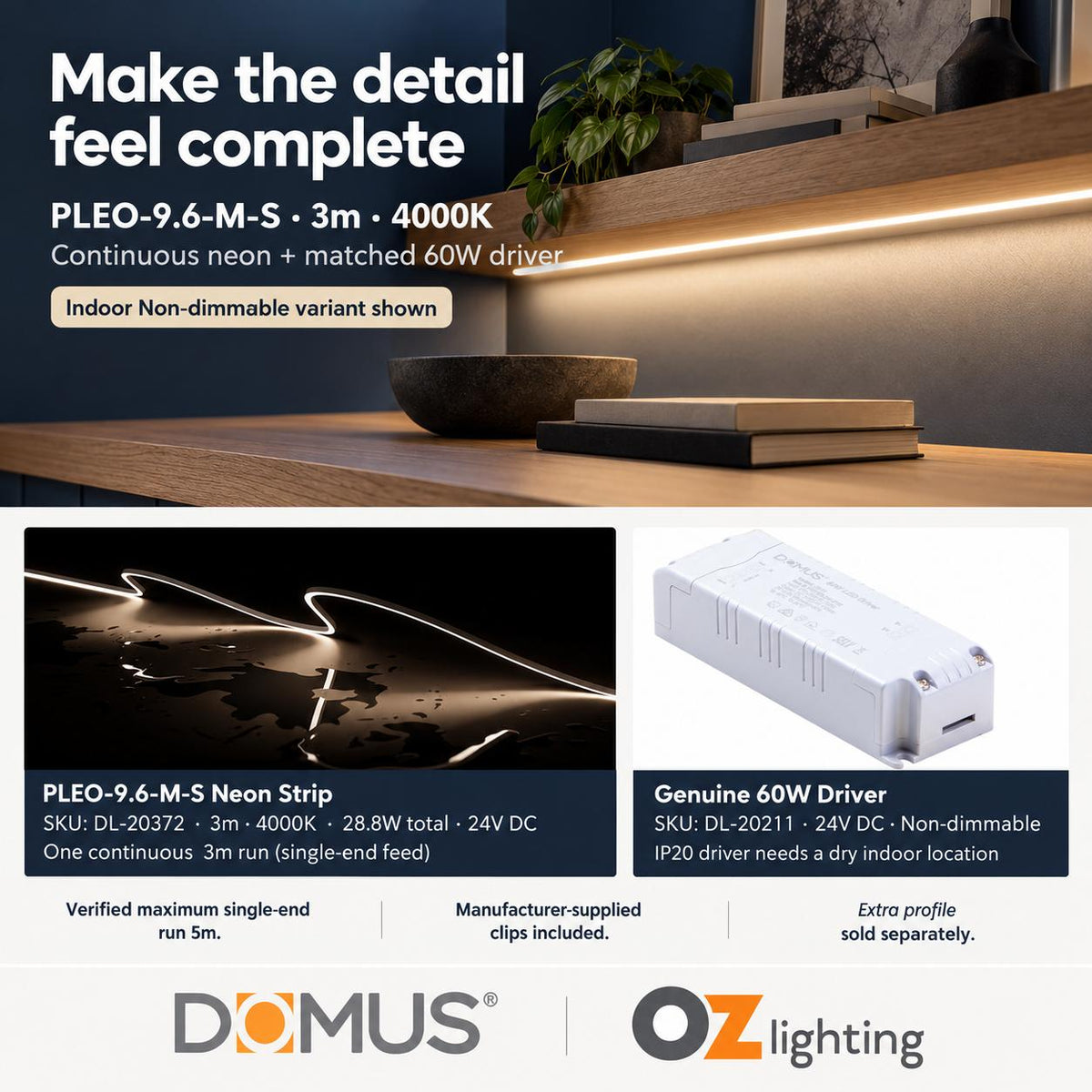 Domus PLEO Micro 3 Metre 9.6W/m Neutral White Outdoor Strip and Driver Bundle-Domus Lighting-Ozlighting.com.au