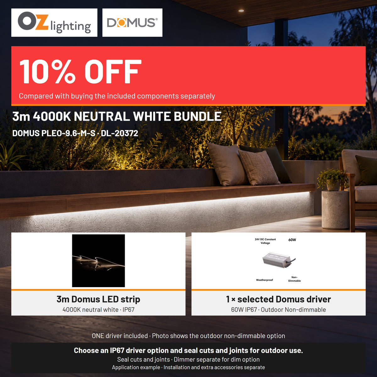 Domus PLEO Micro 3 Metre 9.6W/m Neutral White Outdoor Strip and Driver Bundle-Domus Lighting-Ozlighting.com.au