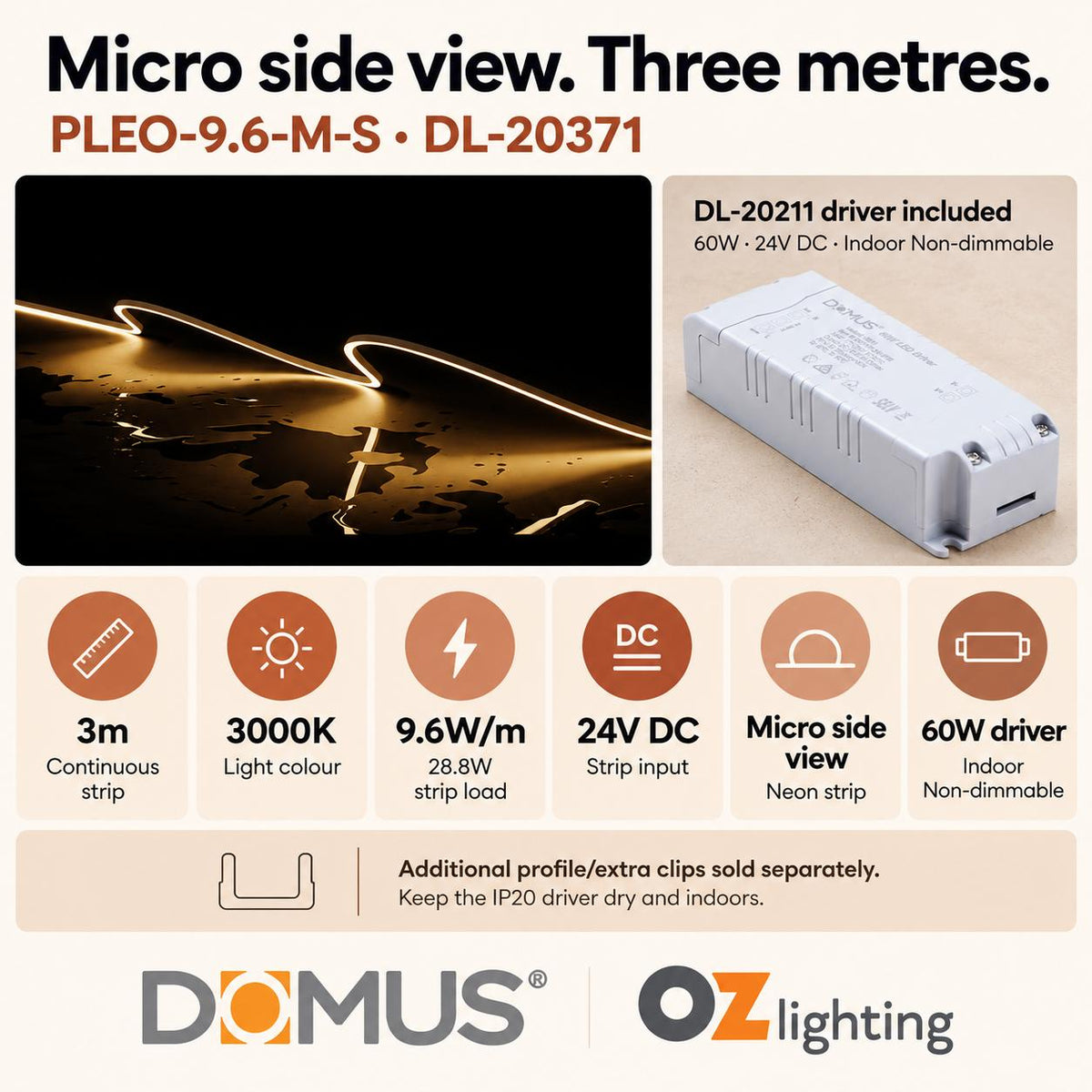 Domus PLEO Micro 3 Metre 9.6W/m Warm White Outdoor Strip and Driver Bundle-Domus Lighting-Ozlighting.com.au
