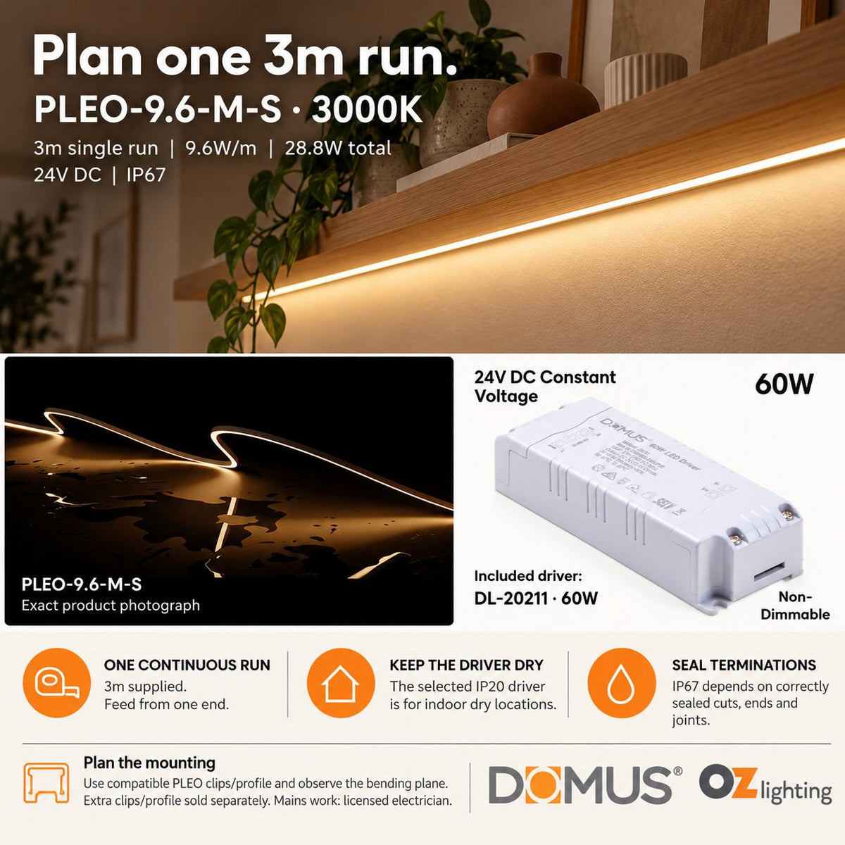Domus PLEO Micro 3 Metre 9.6W/m Warm White Outdoor Strip and Driver Bundle-Domus Lighting-Ozlighting.com.au