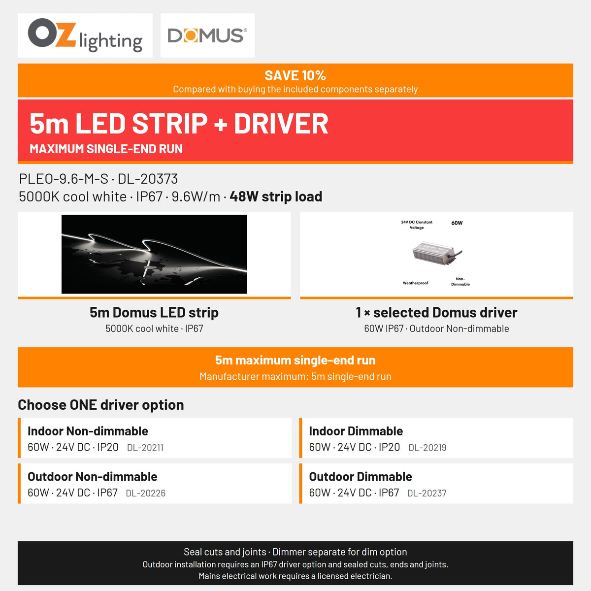 Domus PLEO-9.6-M-S LED Strip & Driver Bundle - 5000K, IP67, 5m-Domus Lighting-Ozlighting.com.au