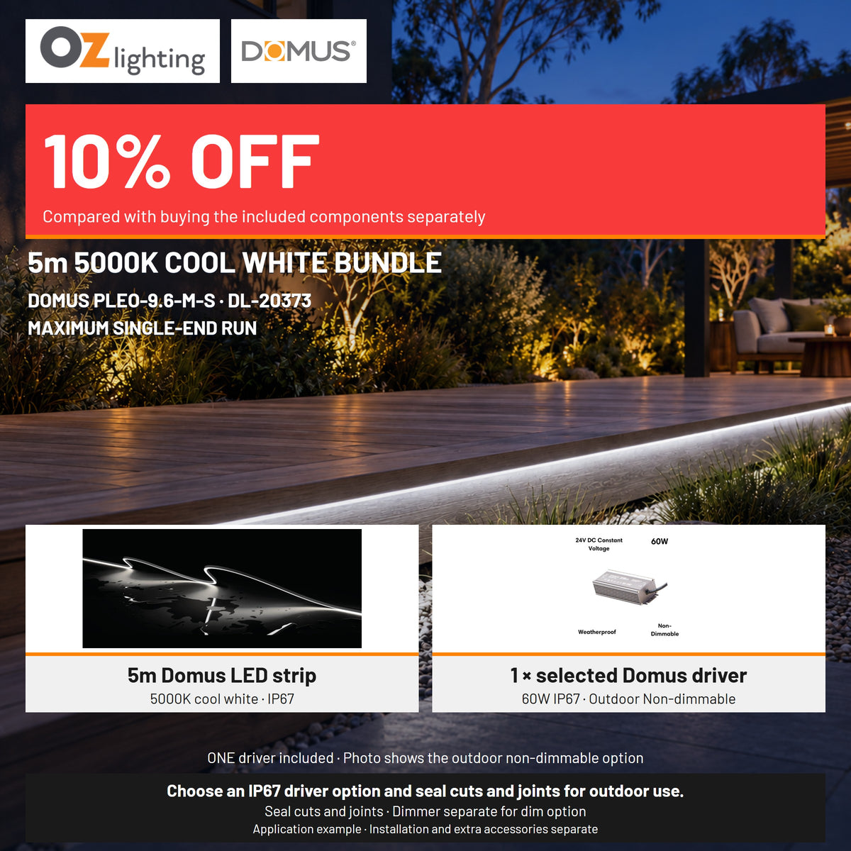 Domus PLEO Micro 5 Metre 9.6W/m Cool White Outdoor Strip and Driver Bundle-Domus Lighting-Ozlighting.com.au