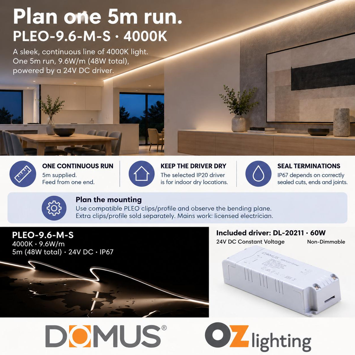 Domus PLEO Micro 5 Metre 9.6W/m Neutral White Outdoor Strip and Driver Bundle-Domus Lighting-Ozlighting.com.au