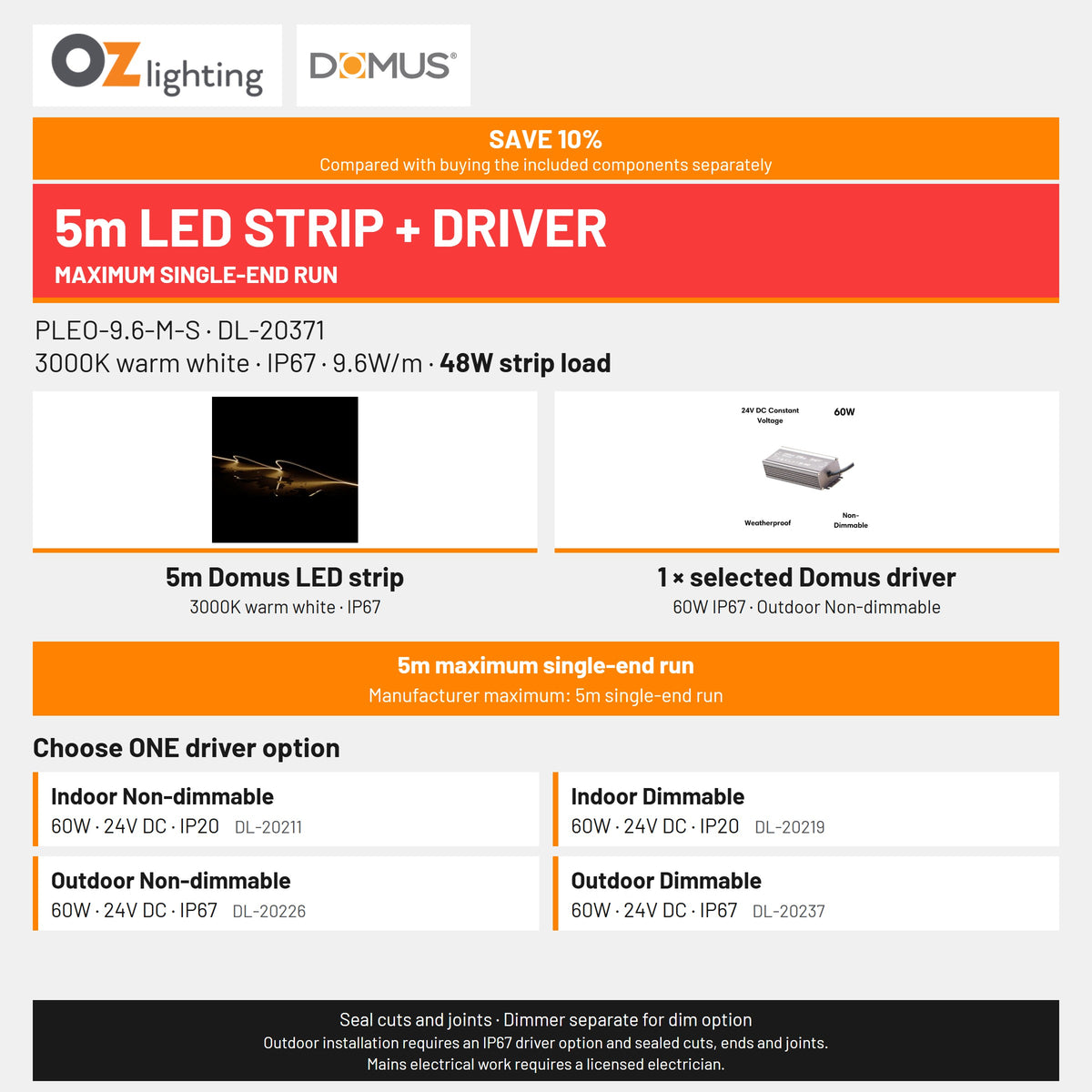 Domus PLEO-9.6-M-S LED Strip & Driver Bundle - 3000K, IP67, 5m-Domus Lighting-Ozlighting.com.au