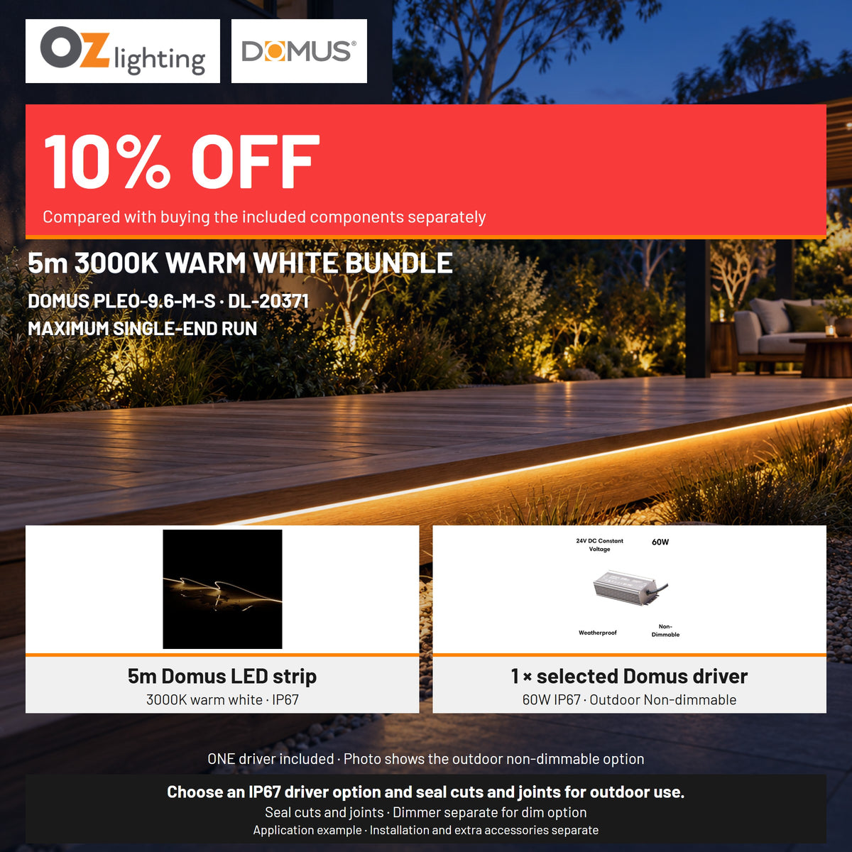 Domus PLEO-9.6-M-S LED Strip & Driver Bundle - 3000K, IP67, 5m-Domus Lighting-Ozlighting.com.au