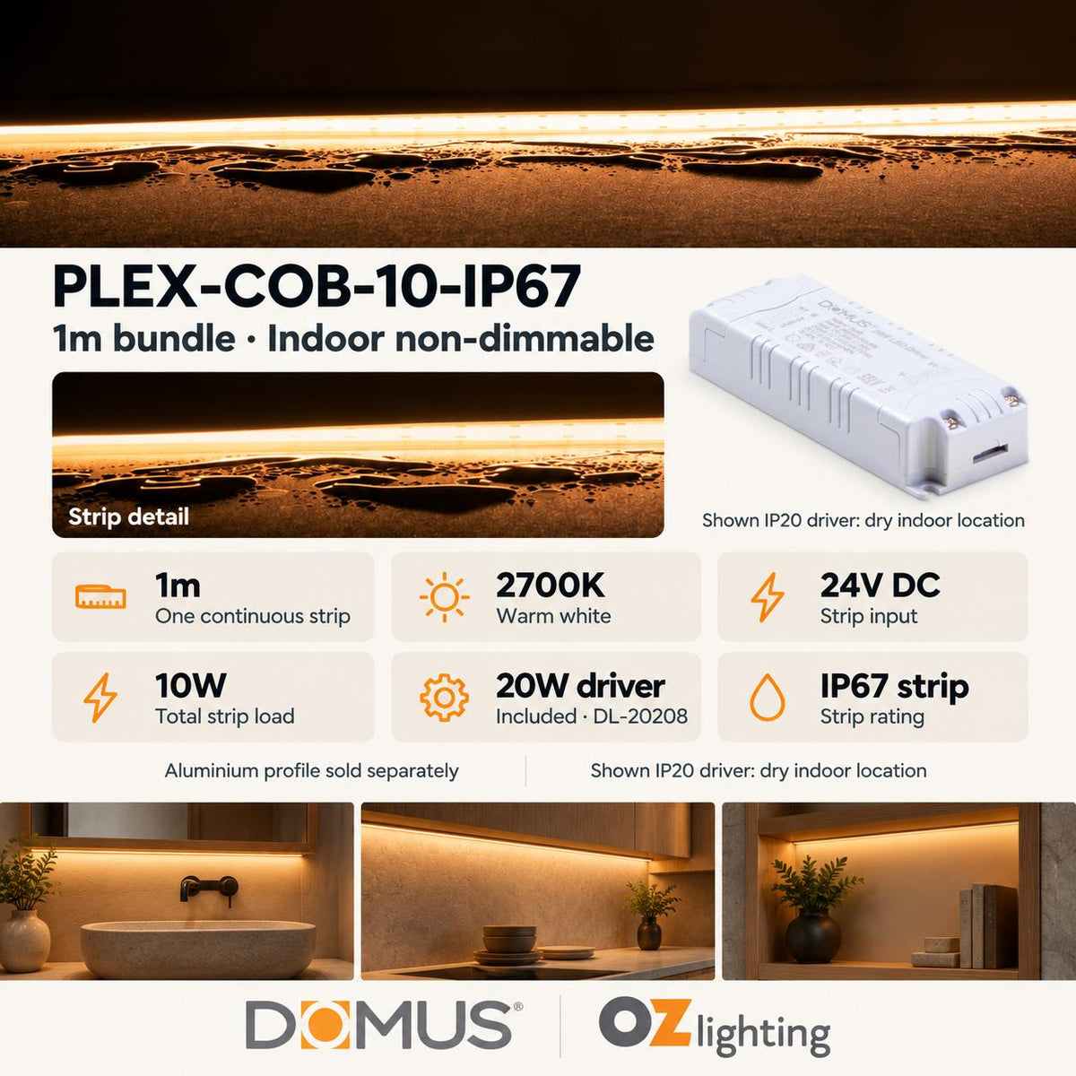 Domus PLEX 1 Metre 10W/m Extra Warm White Outdoor Strip and Driver Bundle-Domus Lighting-Ozlighting.com.au