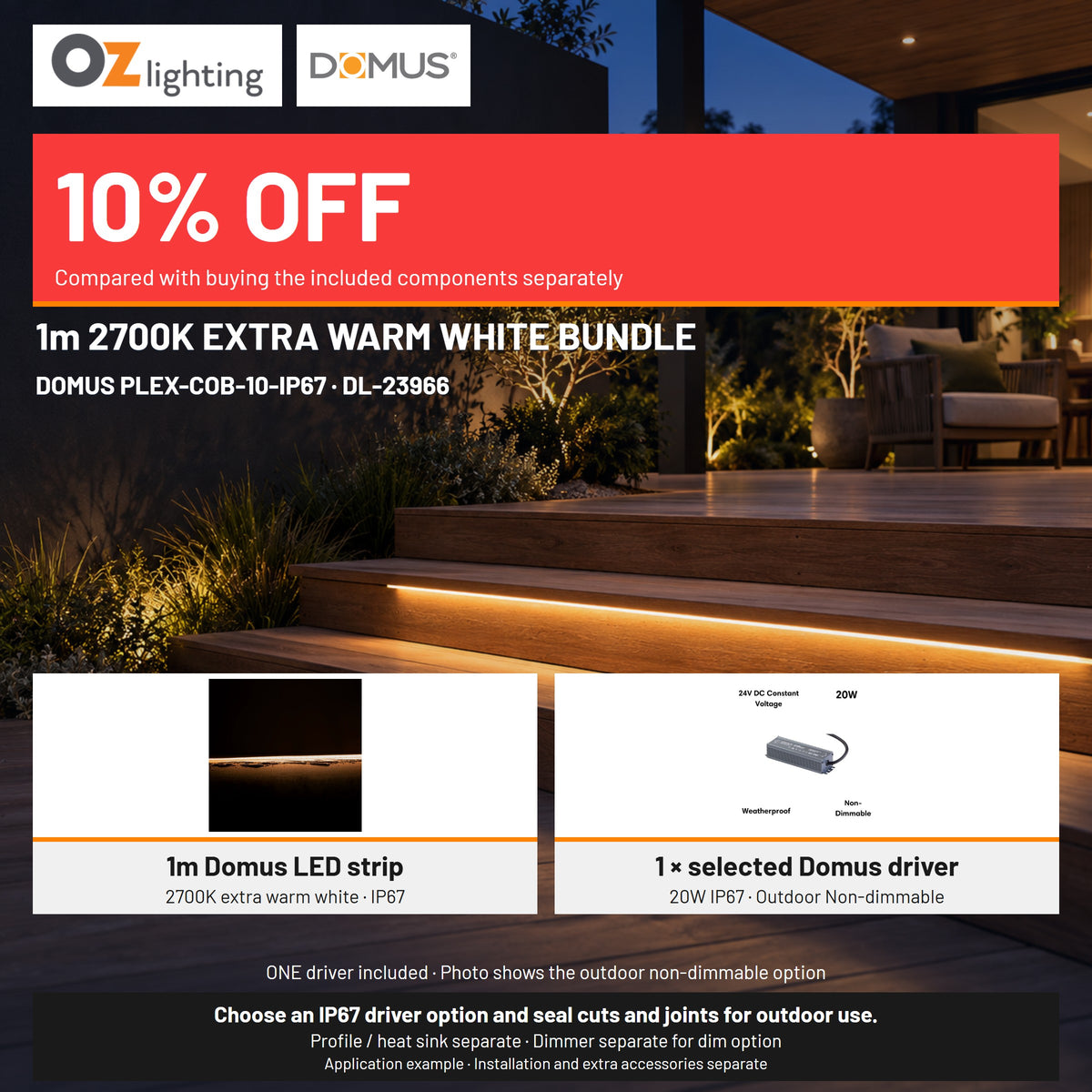 Domus PLEX 1 Metre 10W/m Extra Warm White Outdoor Strip and Driver Bundle-Domus Lighting-Ozlighting.com.au
