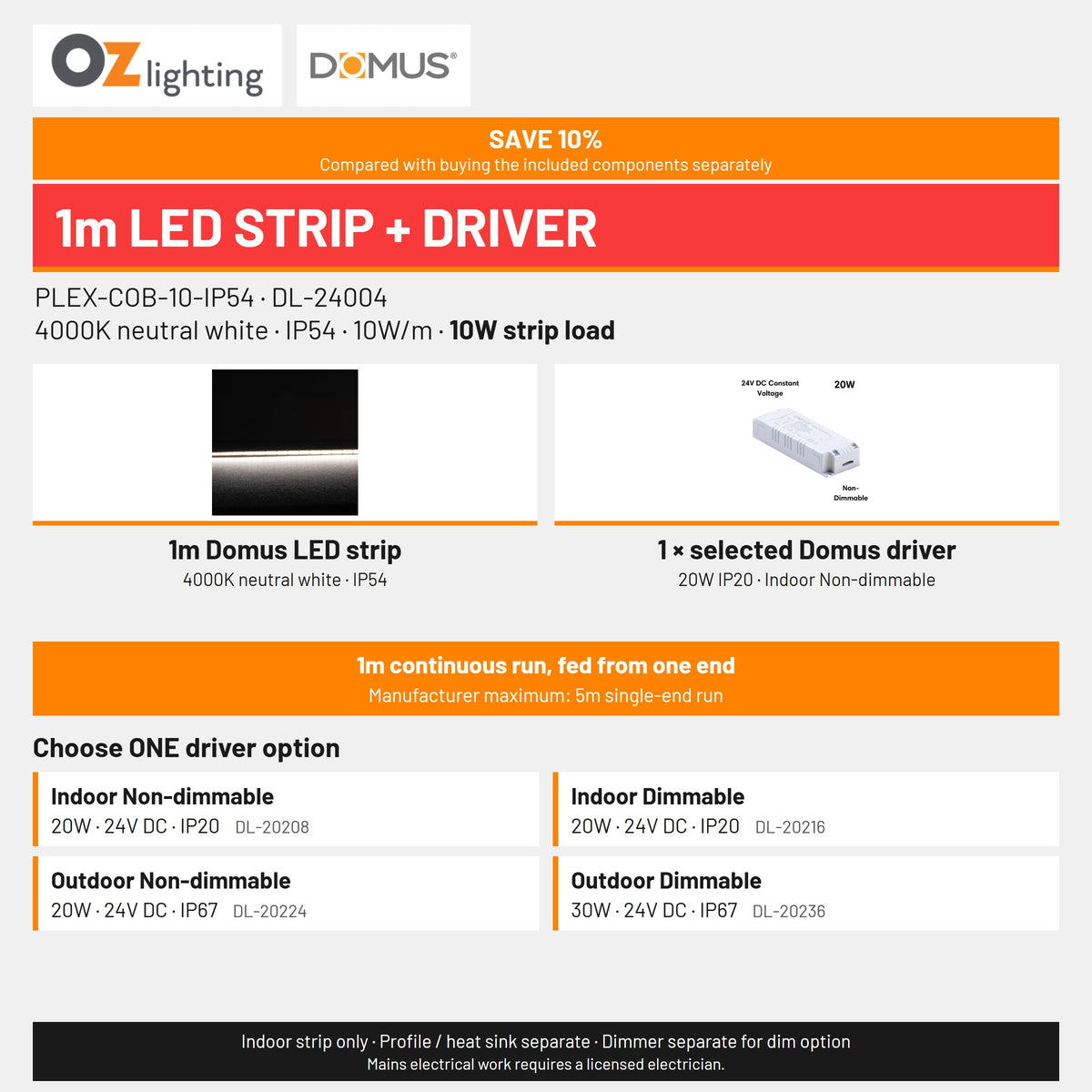 Domus PLEX 1 Metre 10W/m Neutral White Strip and Driver Bundle-Domus Lighting-Ozlighting.com.au
