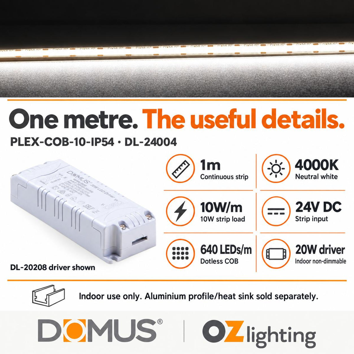 Domus PLEX 1 Metre 10W/m Neutral White Strip and Driver Bundle-Domus Lighting-Ozlighting.com.au