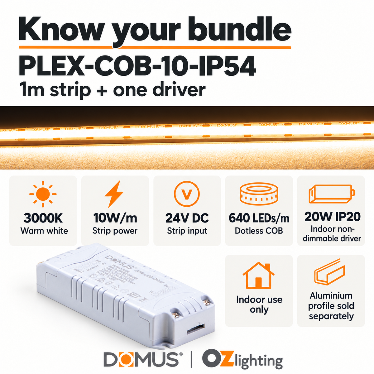 Domus PLEX-COB-10-IP54 1m 3000K LED strip and driver bundle — product details