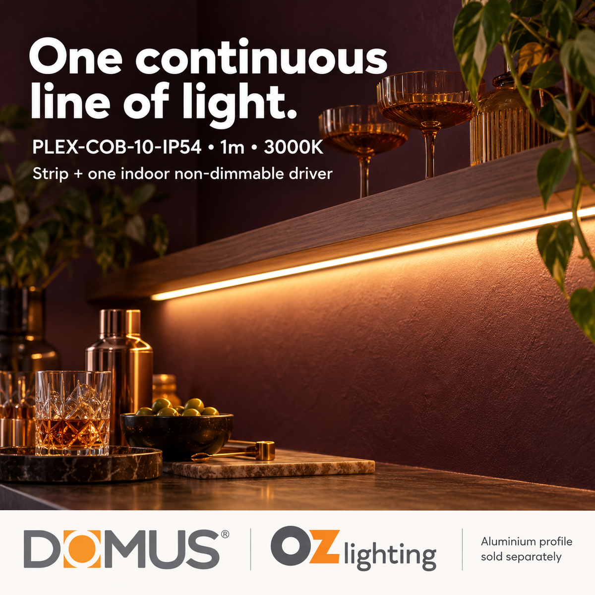 Domus PLEX-COB-10-IP54 1m 3000K LED strip and driver bundle — product benefit