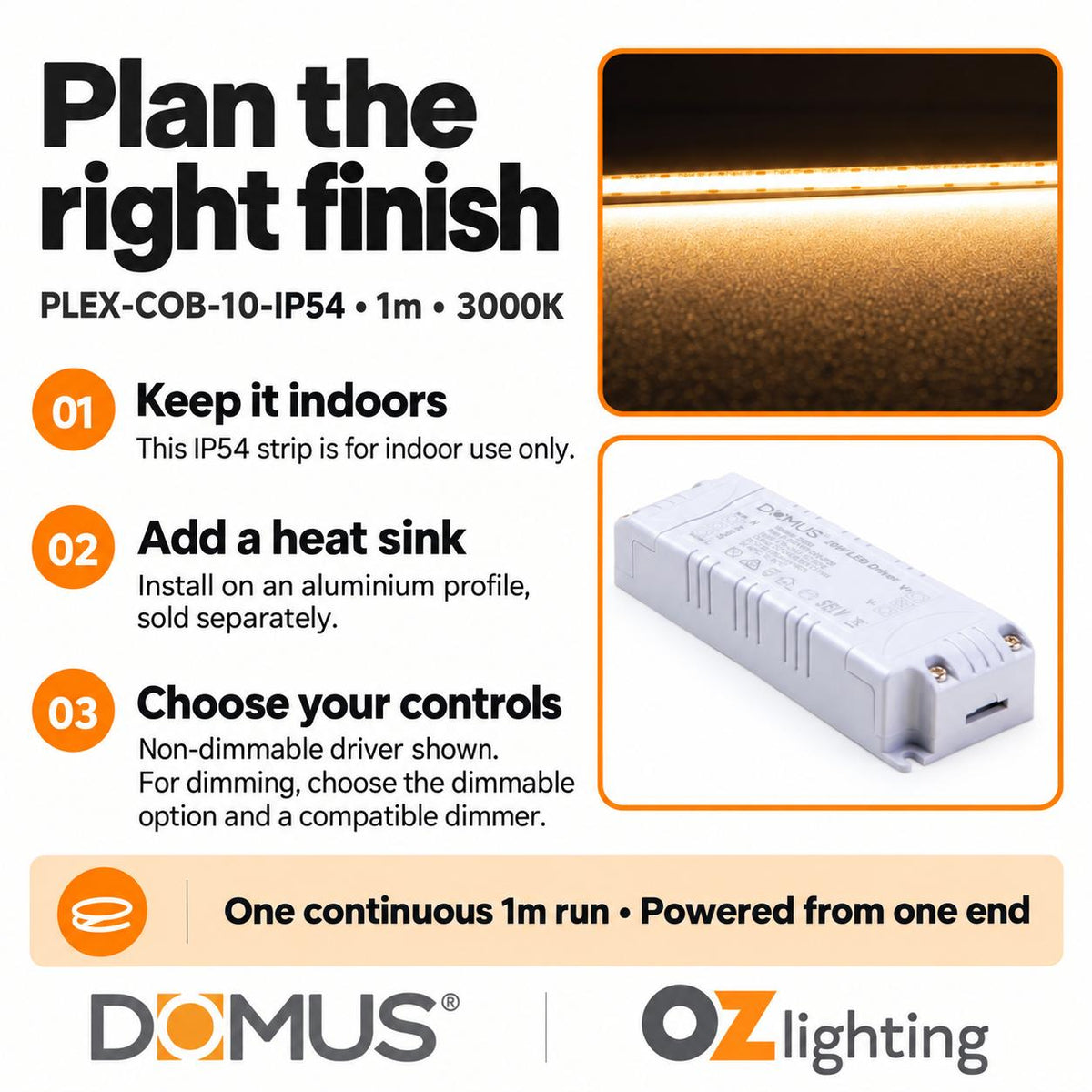 Domus PLEX-COB-10-IP54 1m 3000K LED strip and driver bundle — practical advice