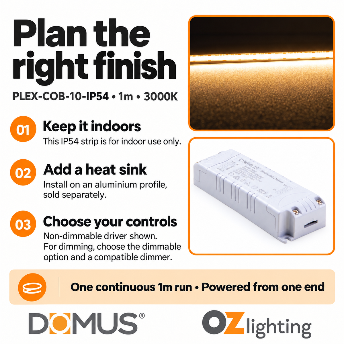 Domus PLEX-COB-10-IP54 1m 3000K LED strip and driver bundle — practical advice