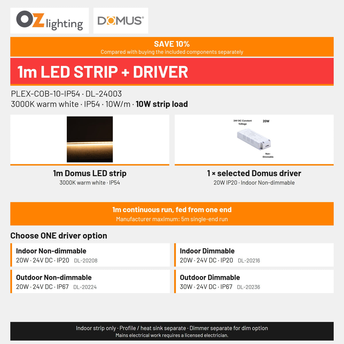 Domus PLEX 1 Metre 10W/m Warm White Strip and Driver Bundle-Domus Lighting-Ozlighting.com.au