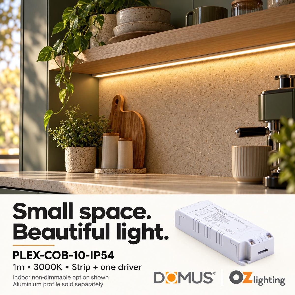 Domus PLEX-COB-10-IP54 1m 3000K LED strip and 20W indoor driver bundle — hero
