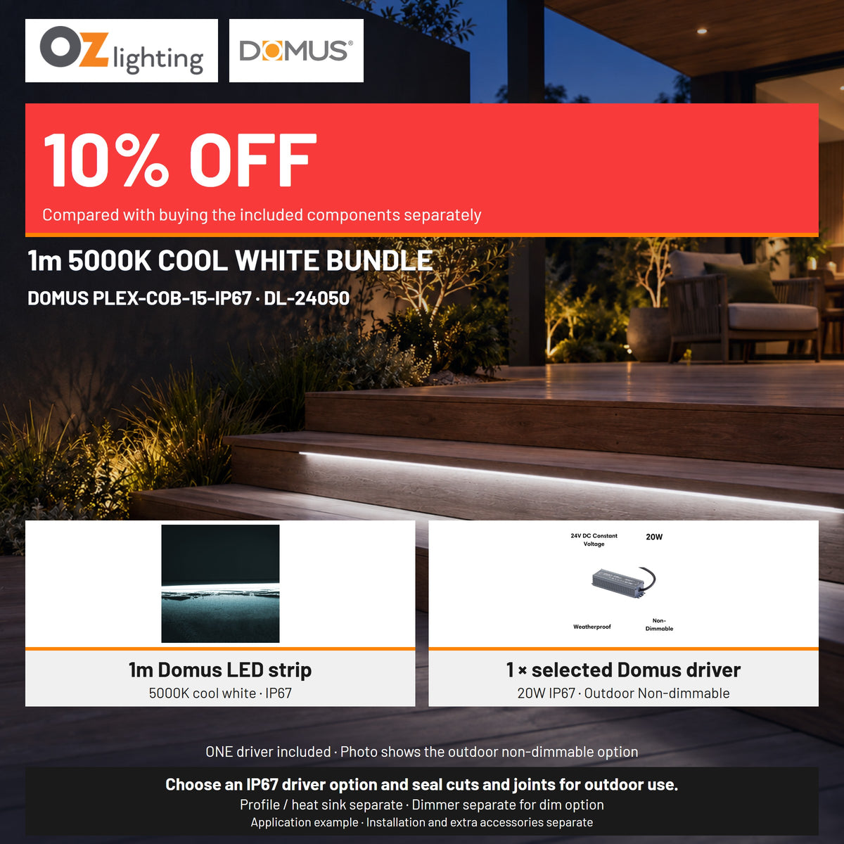 Domus PLEX-COB-15-IP67 LED Strip & Driver Bundle - 5000K, 1m-Domus Lighting-Ozlighting.com.au