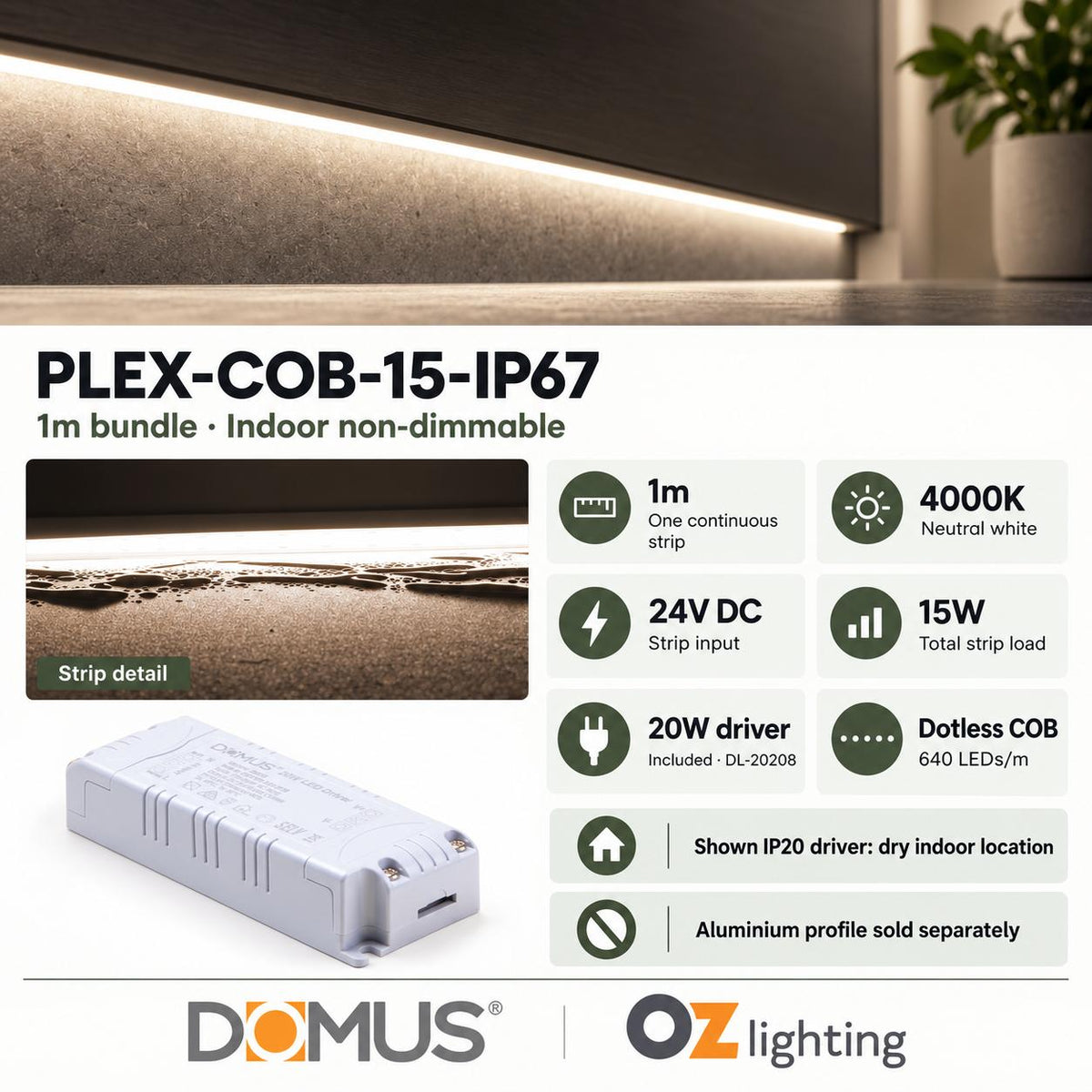 Domus PLEX 1 Metre 15W/m Neutral White Outdoor Strip and Driver Bundle-Domus Lighting-Ozlighting.com.au
