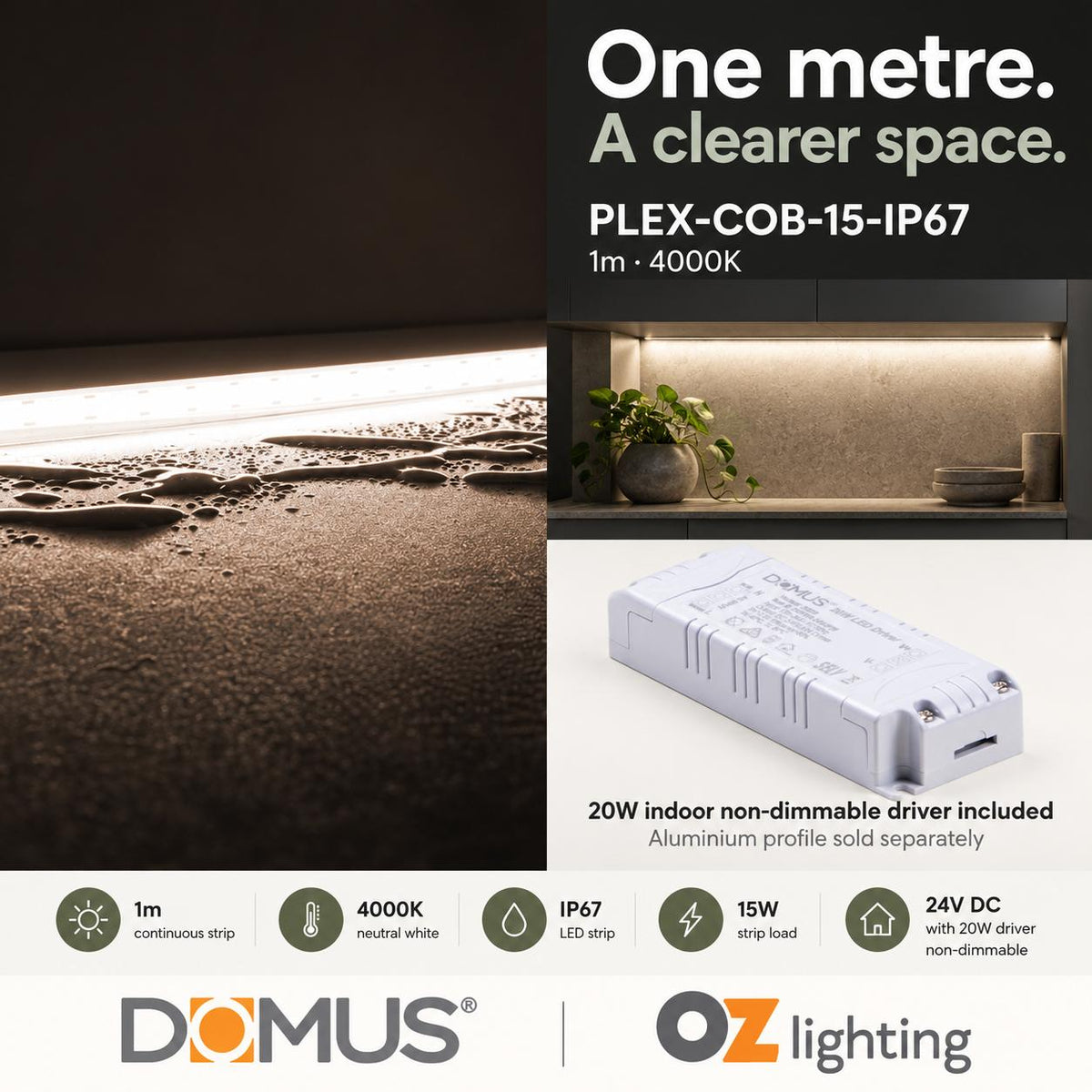 Domus PLEX 1 Metre 15W/m Neutral White Outdoor Strip and Driver Bundle-Domus Lighting-Ozlighting.com.au