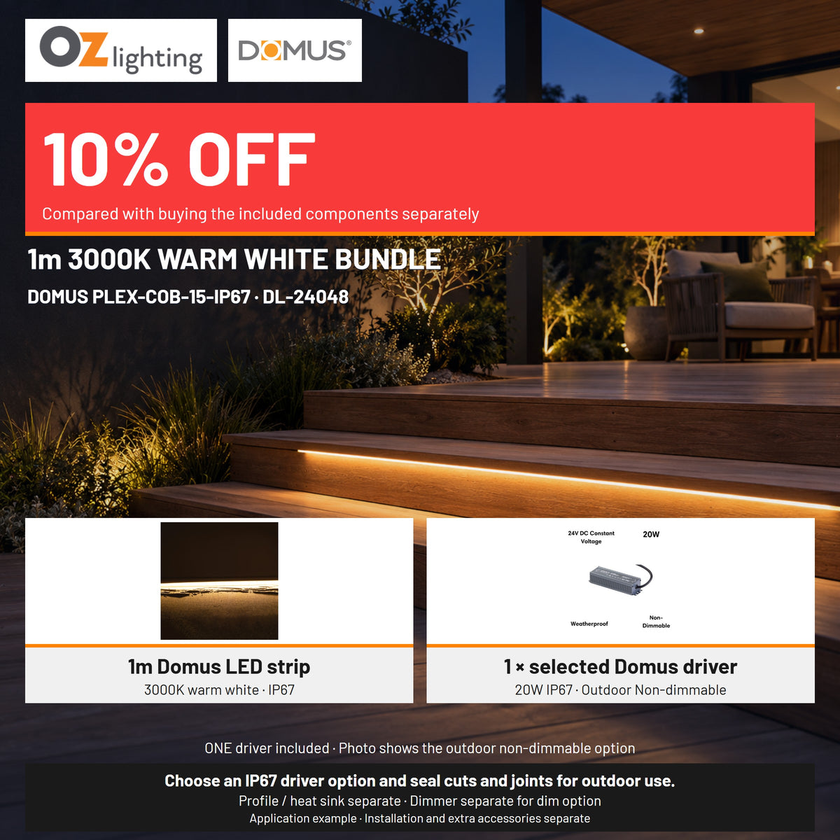 Domus PLEX 1 Metre 15W/m Warm White Outdoor Strip and Driver Bundle-Domus Lighting-Ozlighting.com.au