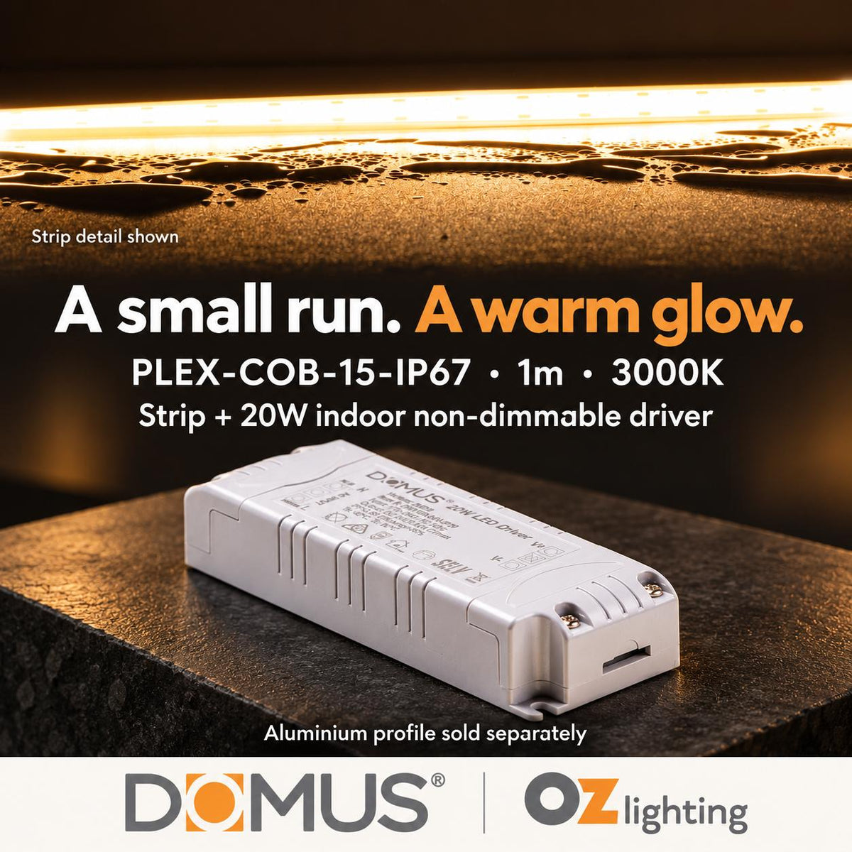 Domus PLEX 1 Metre 15W/m Warm White Outdoor Strip and Driver Bundle-Domus Lighting-Ozlighting.com.au