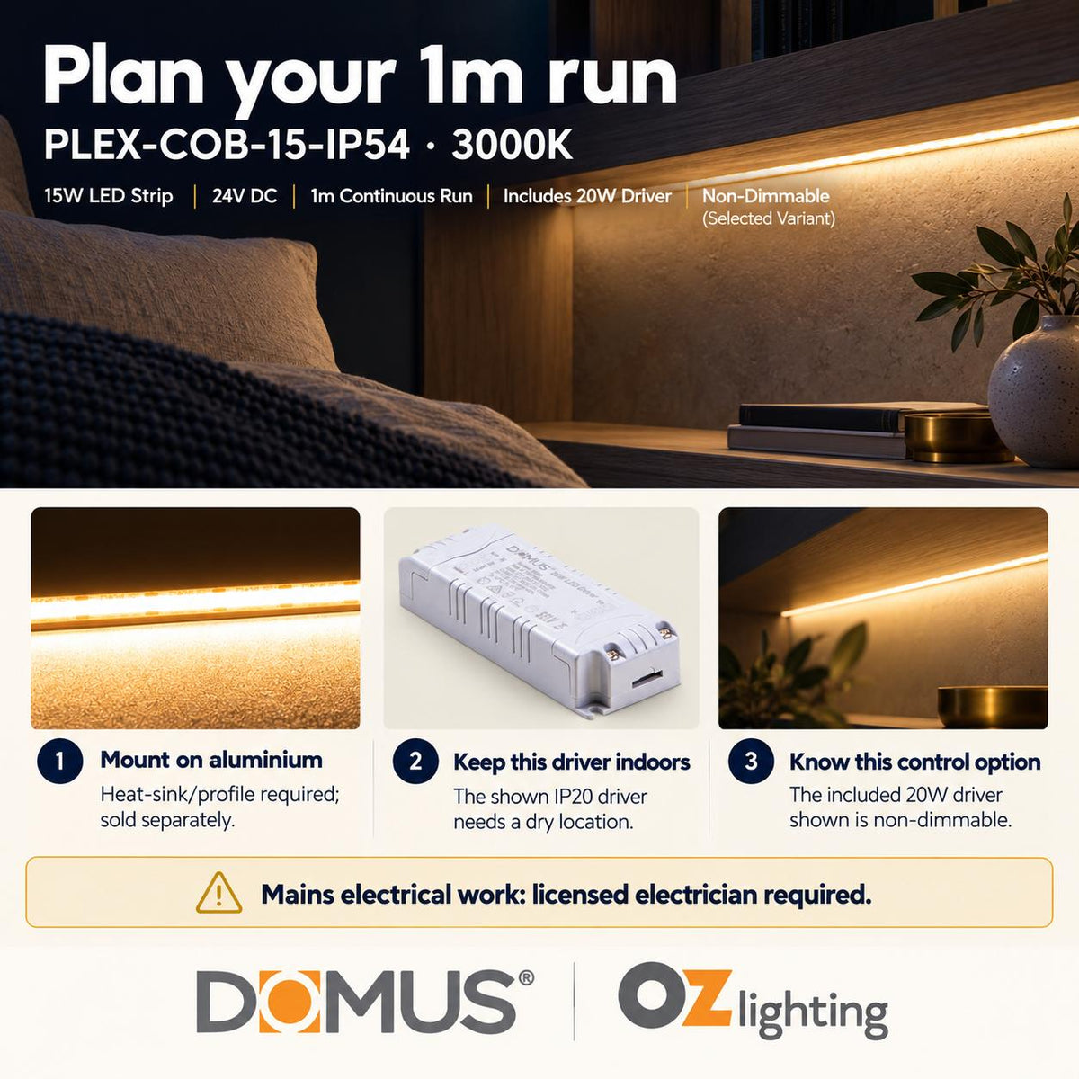 Domus PLEX-COB-15-IP54 1m 3000K LED strip and driver bundle — practical advice
