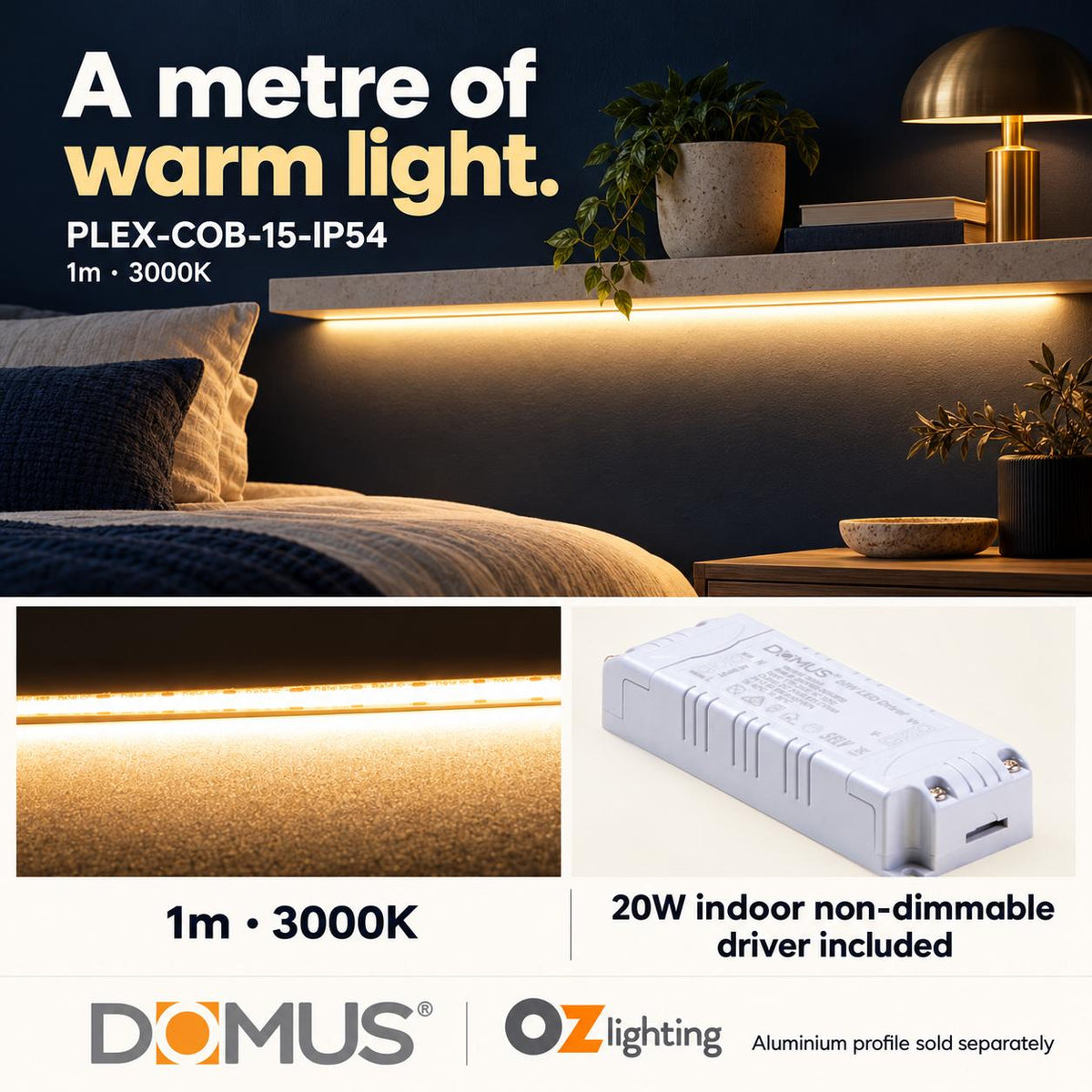 Domus PLEX-COB-15-IP54 1m 3000K LED strip and driver bundle — hero