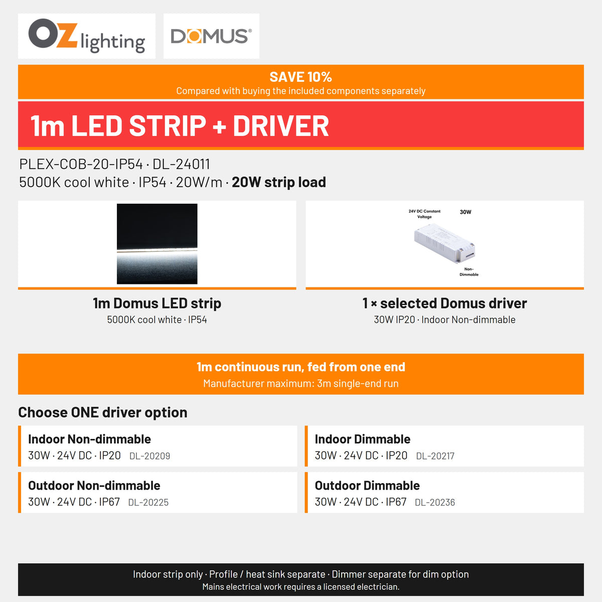Domus PLEX 1 Metre 20W/m Cool White Strip and Driver Bundle-Domus Lighting-Ozlighting.com.au
