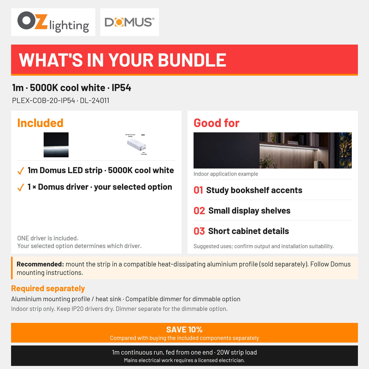 Domus PLEX 1 Metre 20W/m Cool White Strip and Driver Bundle-Domus Lighting-Ozlighting.com.au