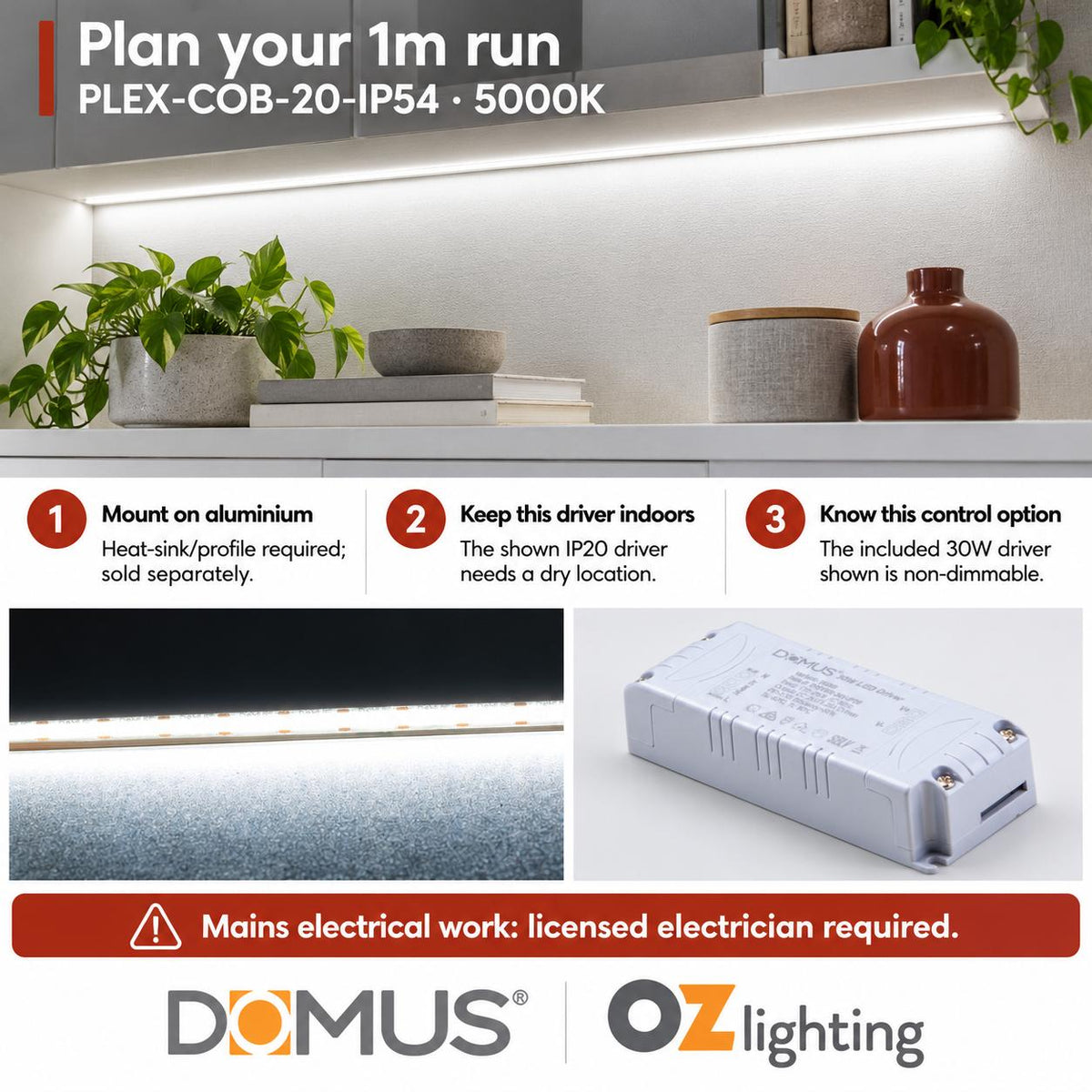 Domus PLEX 1 Metre 20W/m Cool White Strip and Driver Bundle-Domus Lighting-Ozlighting.com.au