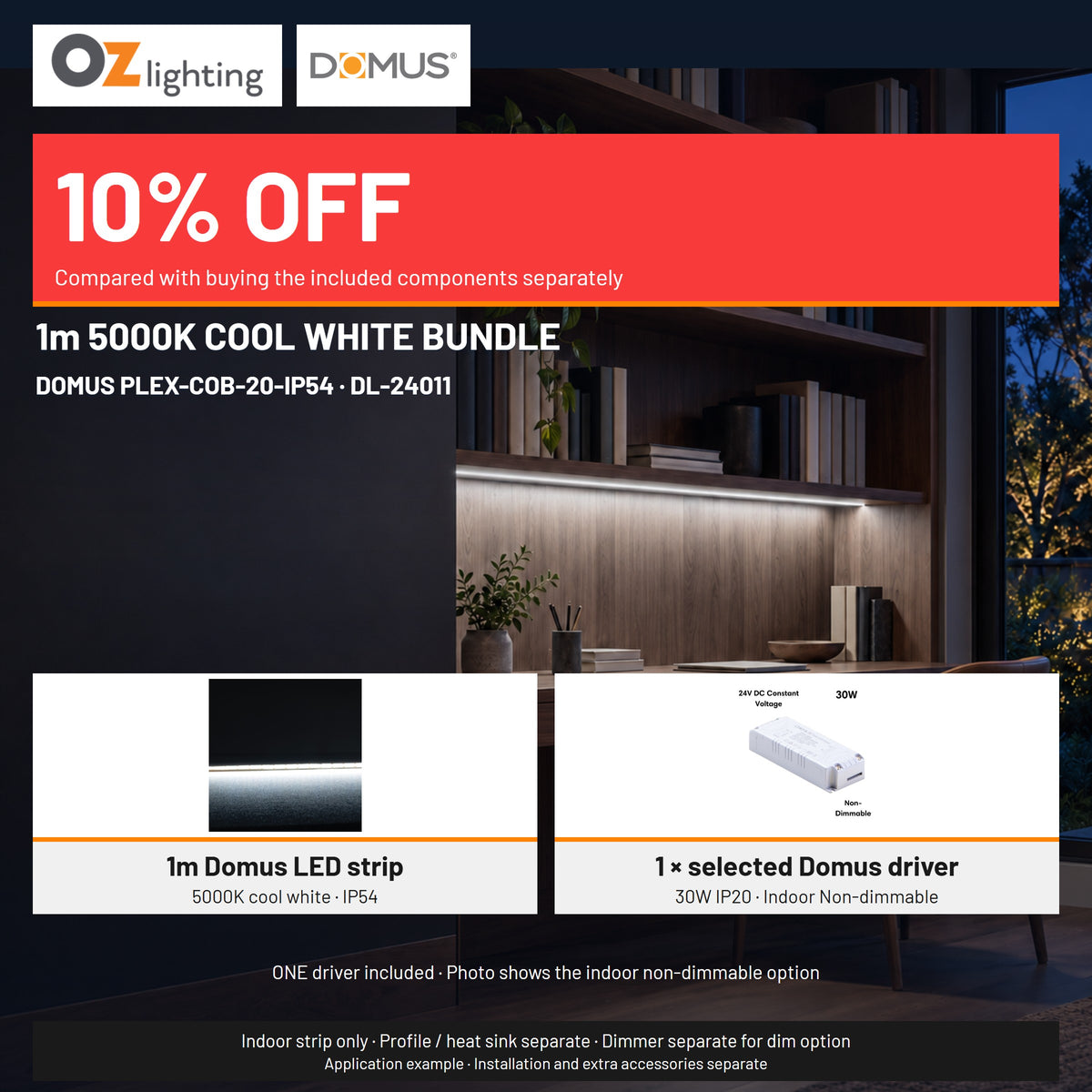 Domus PLEX 1 Metre 20W/m Cool White Strip and Driver Bundle-Domus Lighting-Ozlighting.com.au