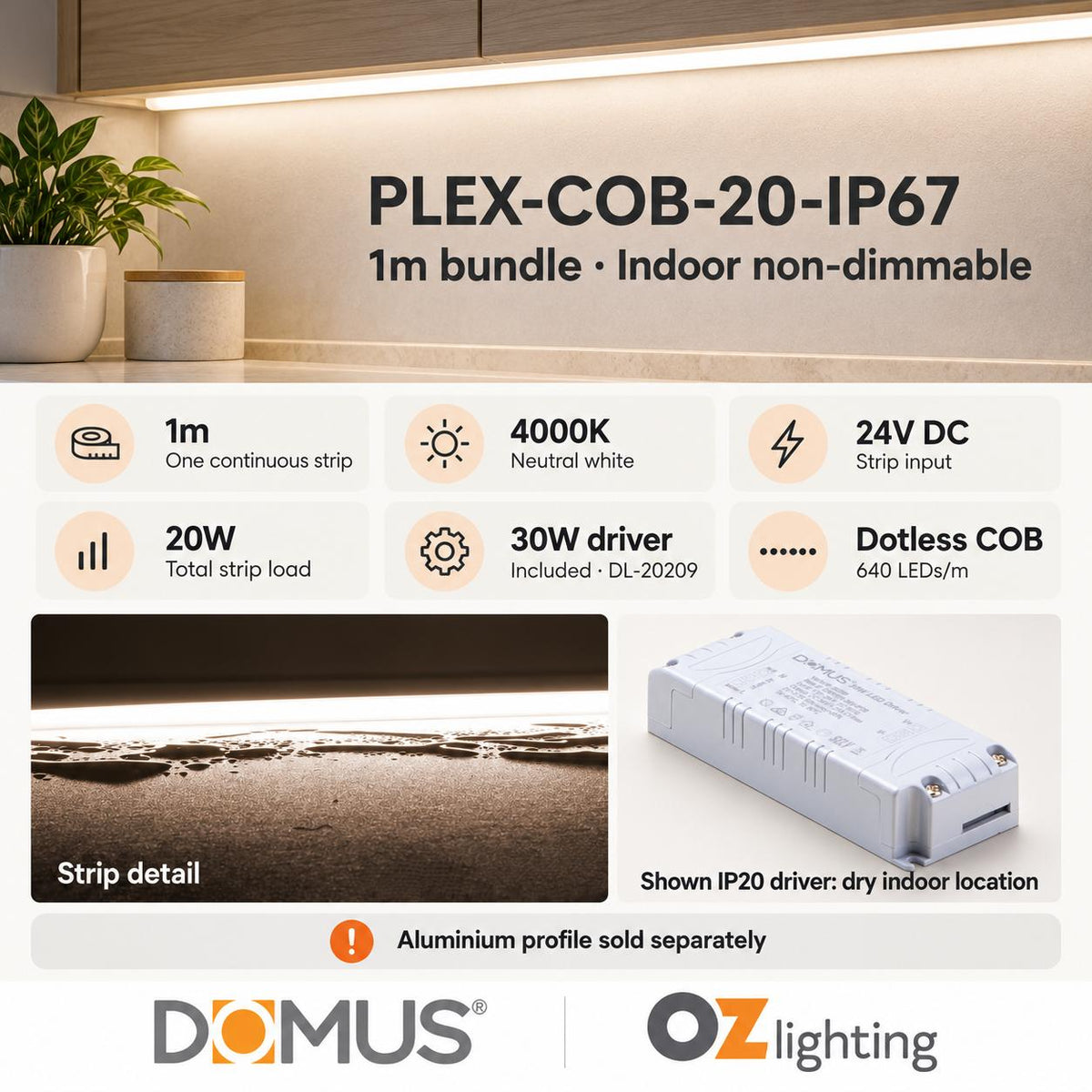 Domus PLEX 1 Metre 20W/m Neutral White Outdoor Strip and Driver Bundle-Domus Lighting-Ozlighting.com.au