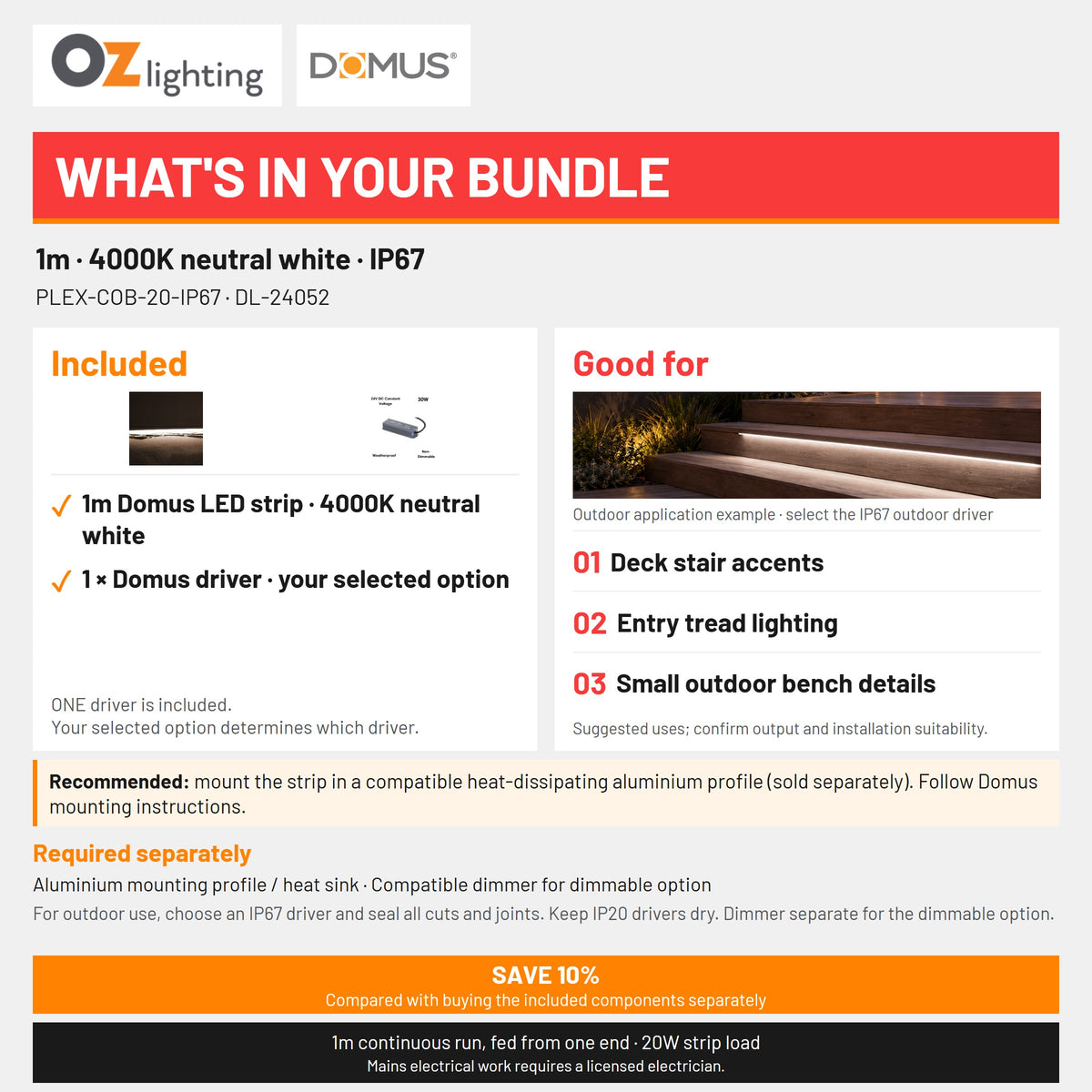 Domus PLEX-COB-20-IP67 LED Strip & Driver Bundle - 4000K, 1m-Domus Lighting-Ozlighting.com.au