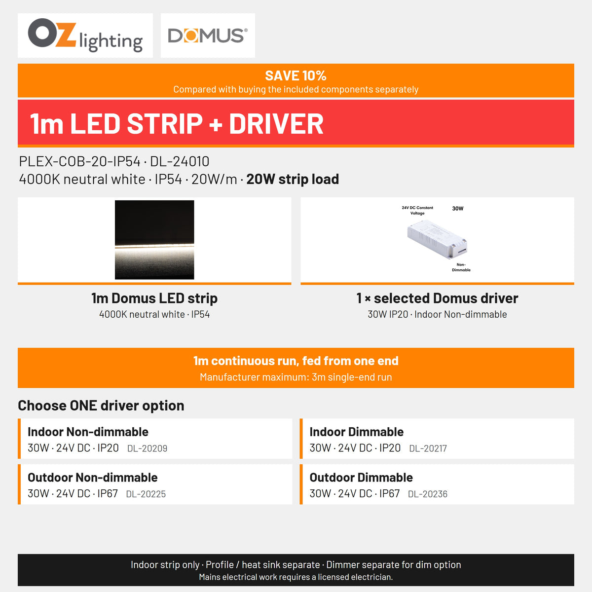 Domus PLEX 1 Metre 20W/m Neutral White Strip and Driver Bundle-Domus Lighting-Ozlighting.com.au