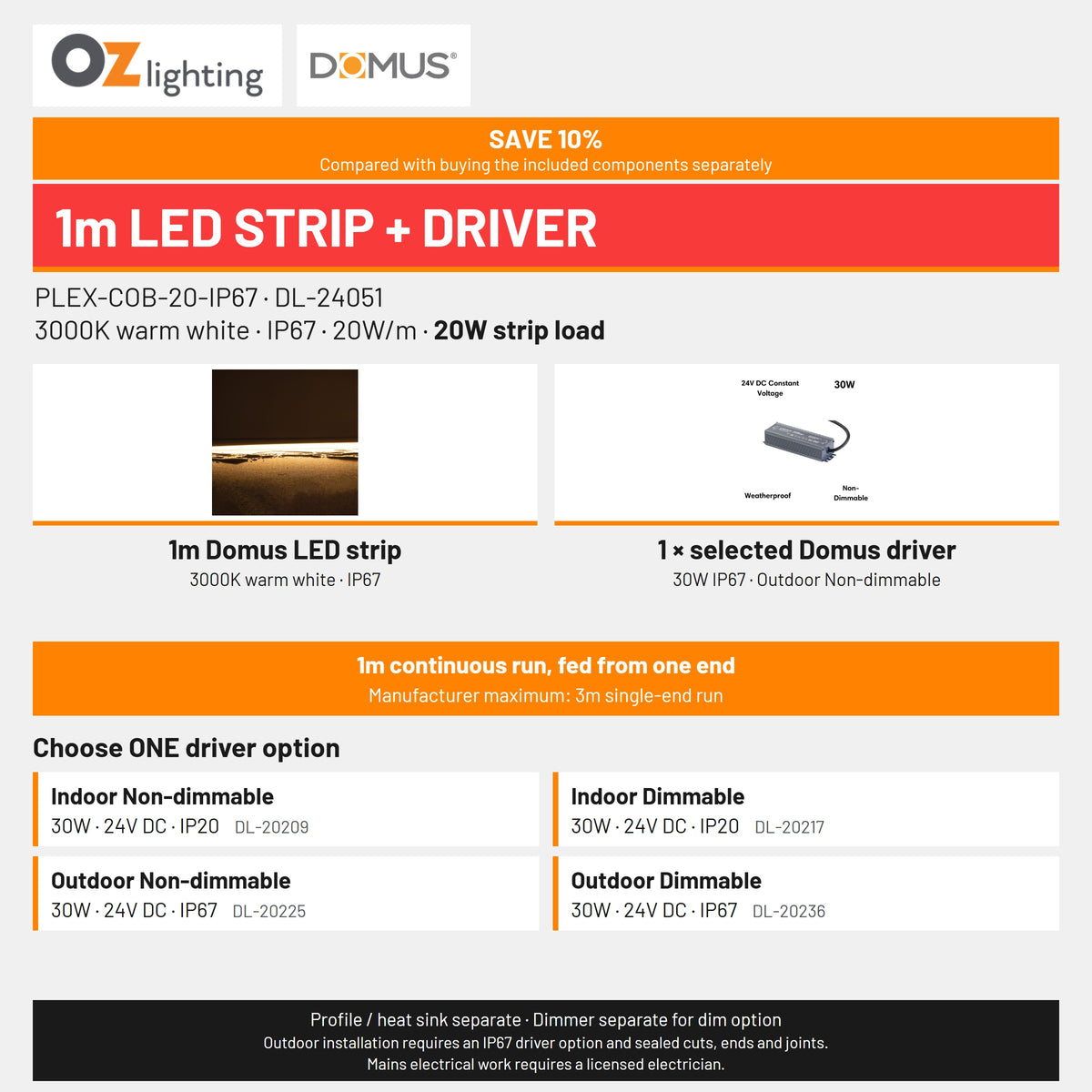 Domus PLEX 1 Metre 20W/m Warm White Outdoor Strip and Driver Bundle-Domus Lighting-Ozlighting.com.au