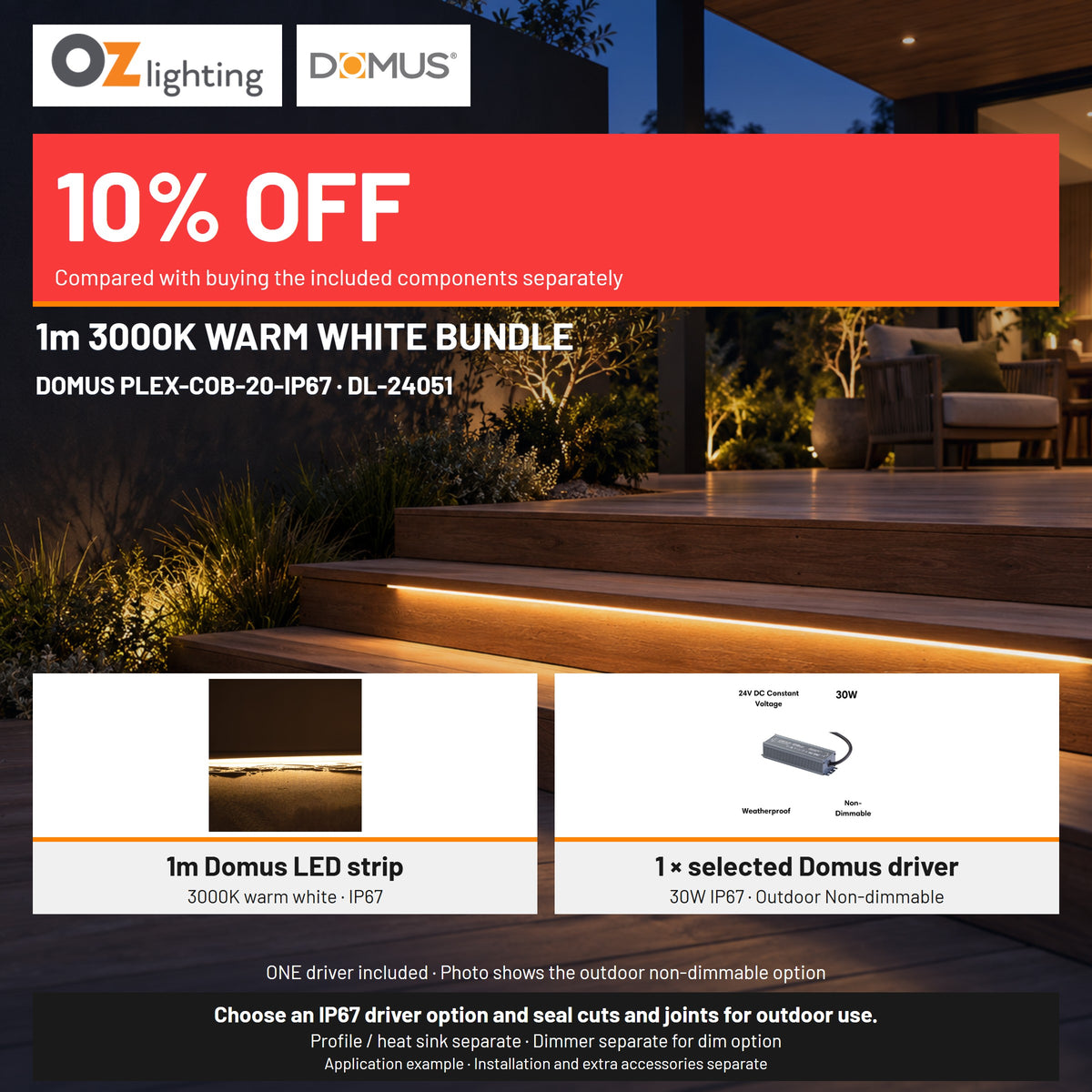 Domus PLEX 1 Metre 20W/m Warm White Outdoor Strip and Driver Bundle-Domus Lighting-Ozlighting.com.au