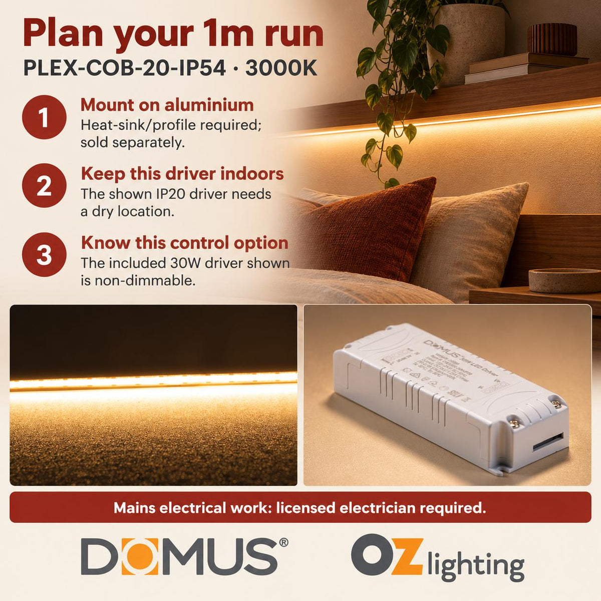 Domus PLEX 1 Metre 20W/m Warm White Strip and Driver Bundle-Domus Lighting-Ozlighting.com.au