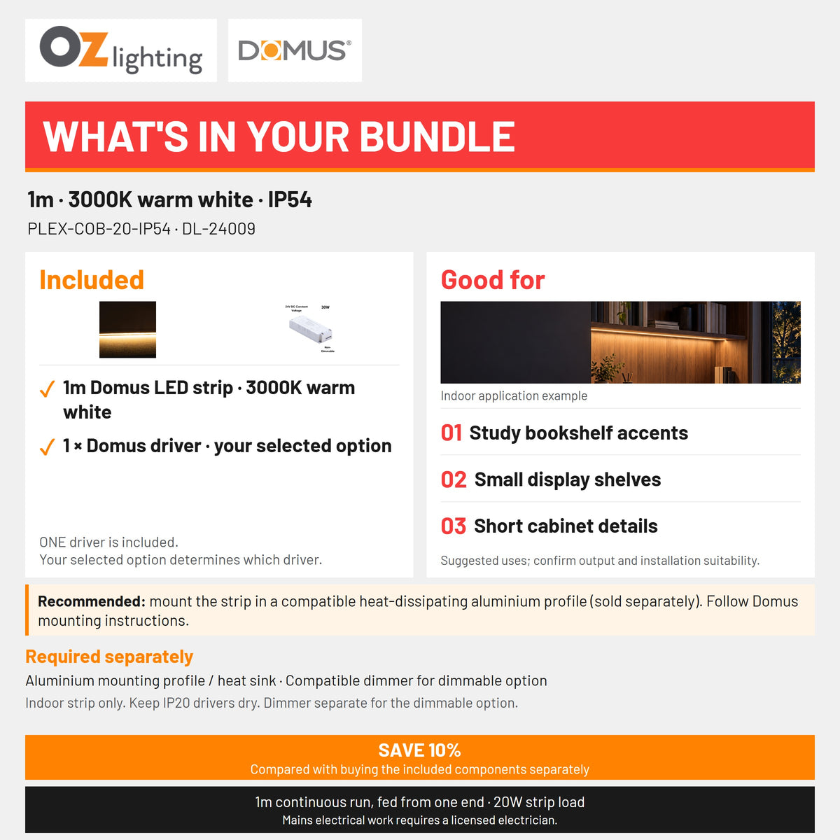 Domus PLEX 1 Metre 20W/m Warm White Strip and Driver Bundle-Domus Lighting-Ozlighting.com.au
