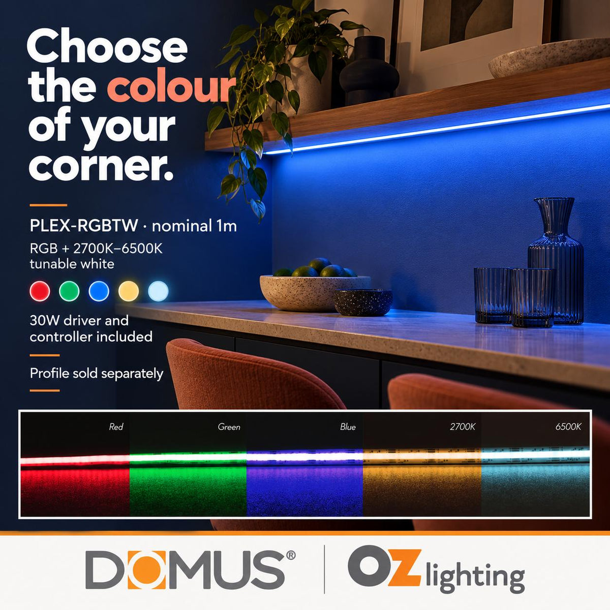 Domus PLEX 1 Metre 21W/m RGB + White Strip and Driver Bundle-Domus Lighting-Ozlighting.com.au